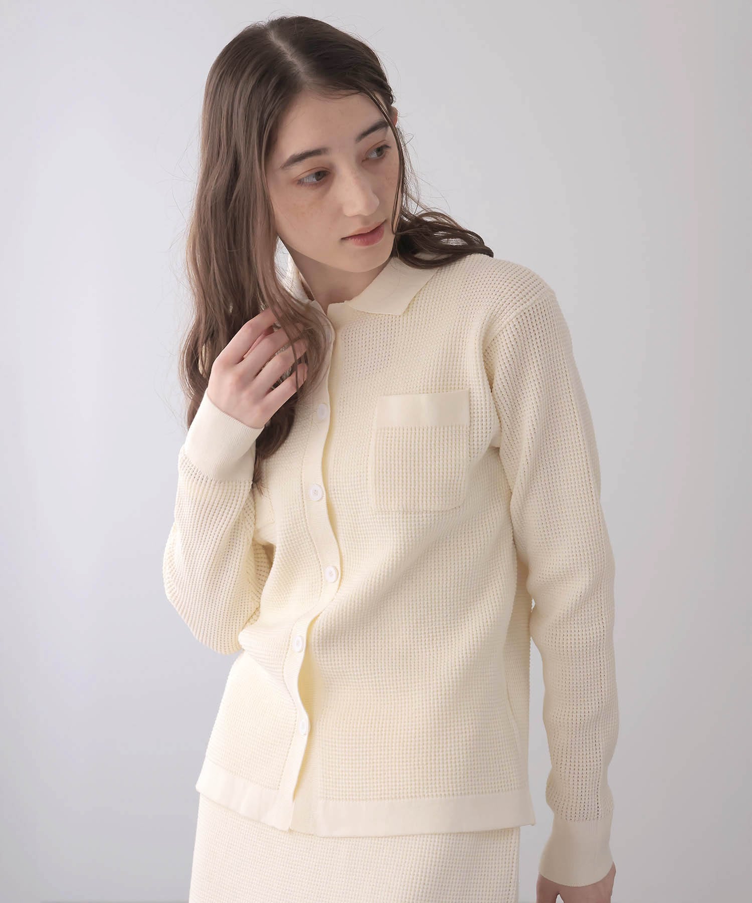 ワッフル編み襟付きカーディガン