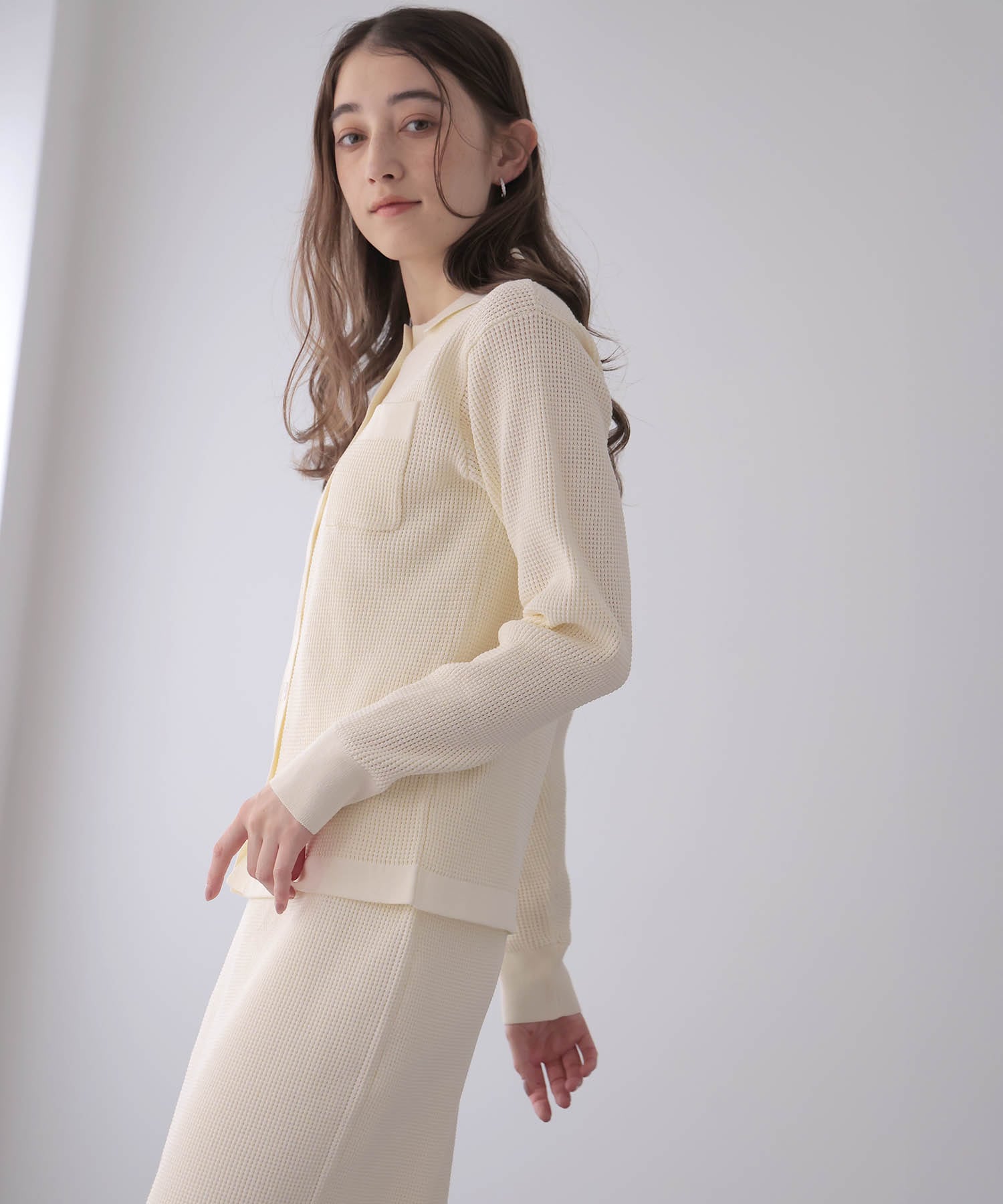 ワッフル編み襟付きカーディガン