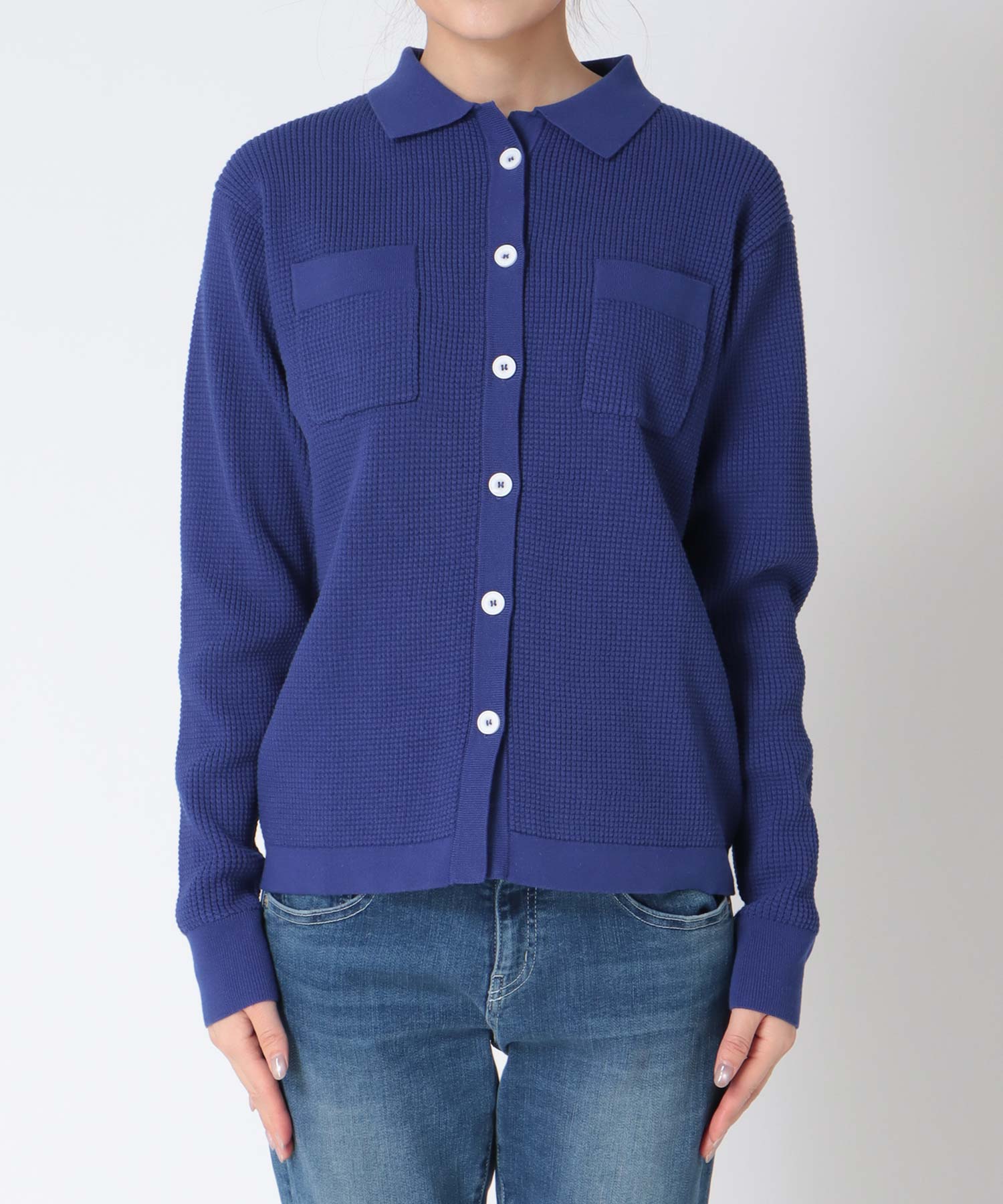 ワッフル編み襟付きカーディガン