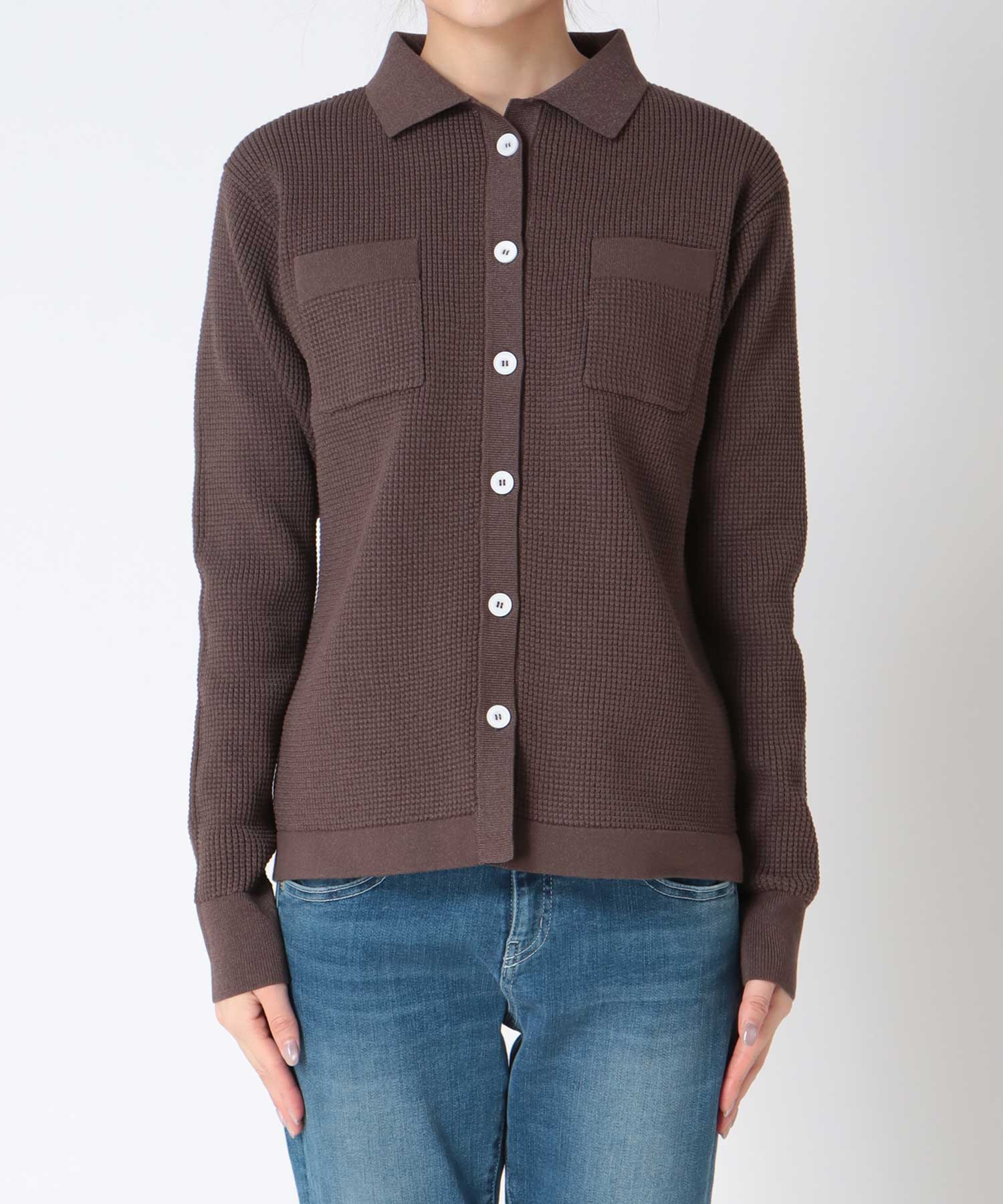 ワッフル編み襟付きカーディガン