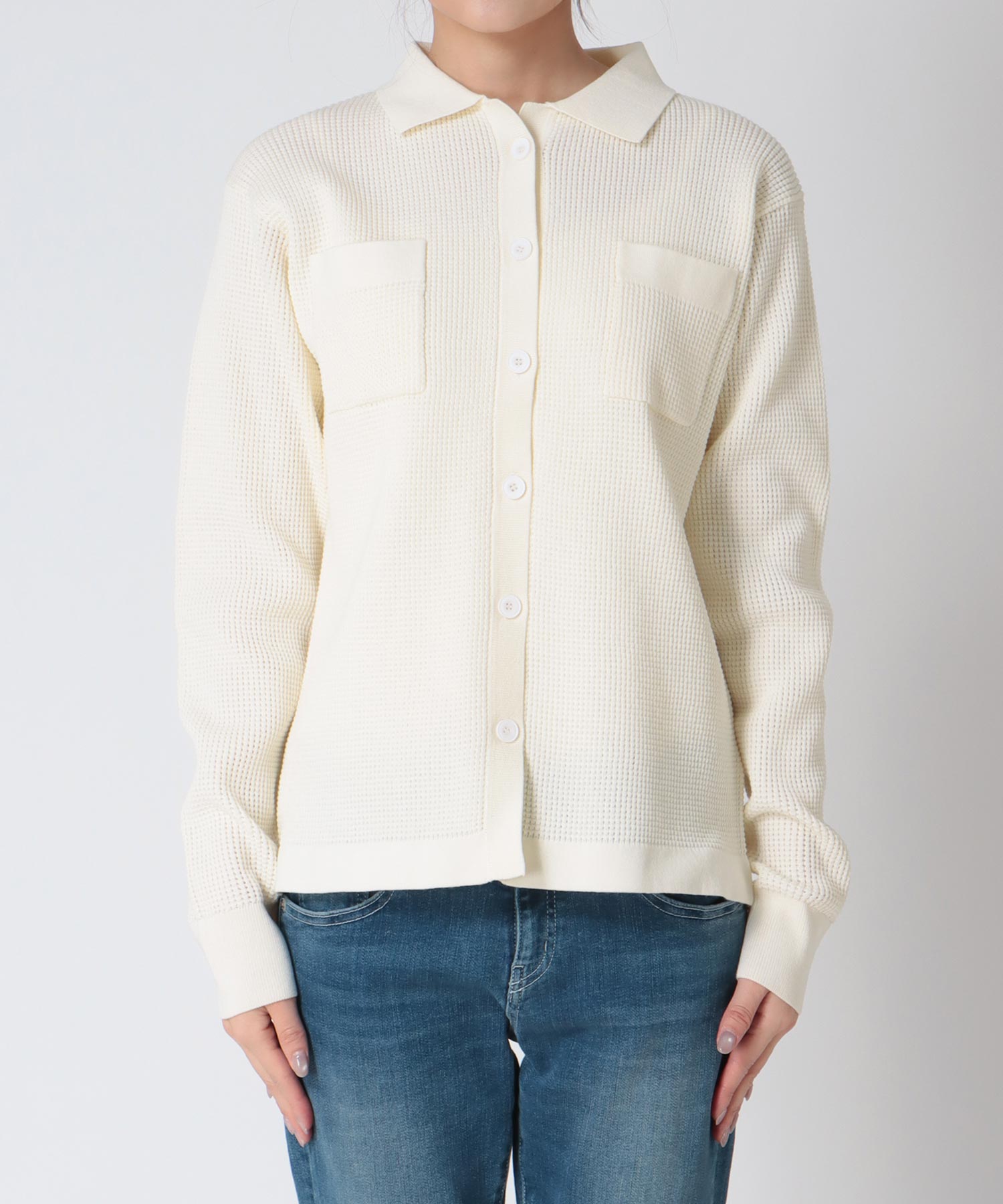 ワッフル編み襟付きカーディガン