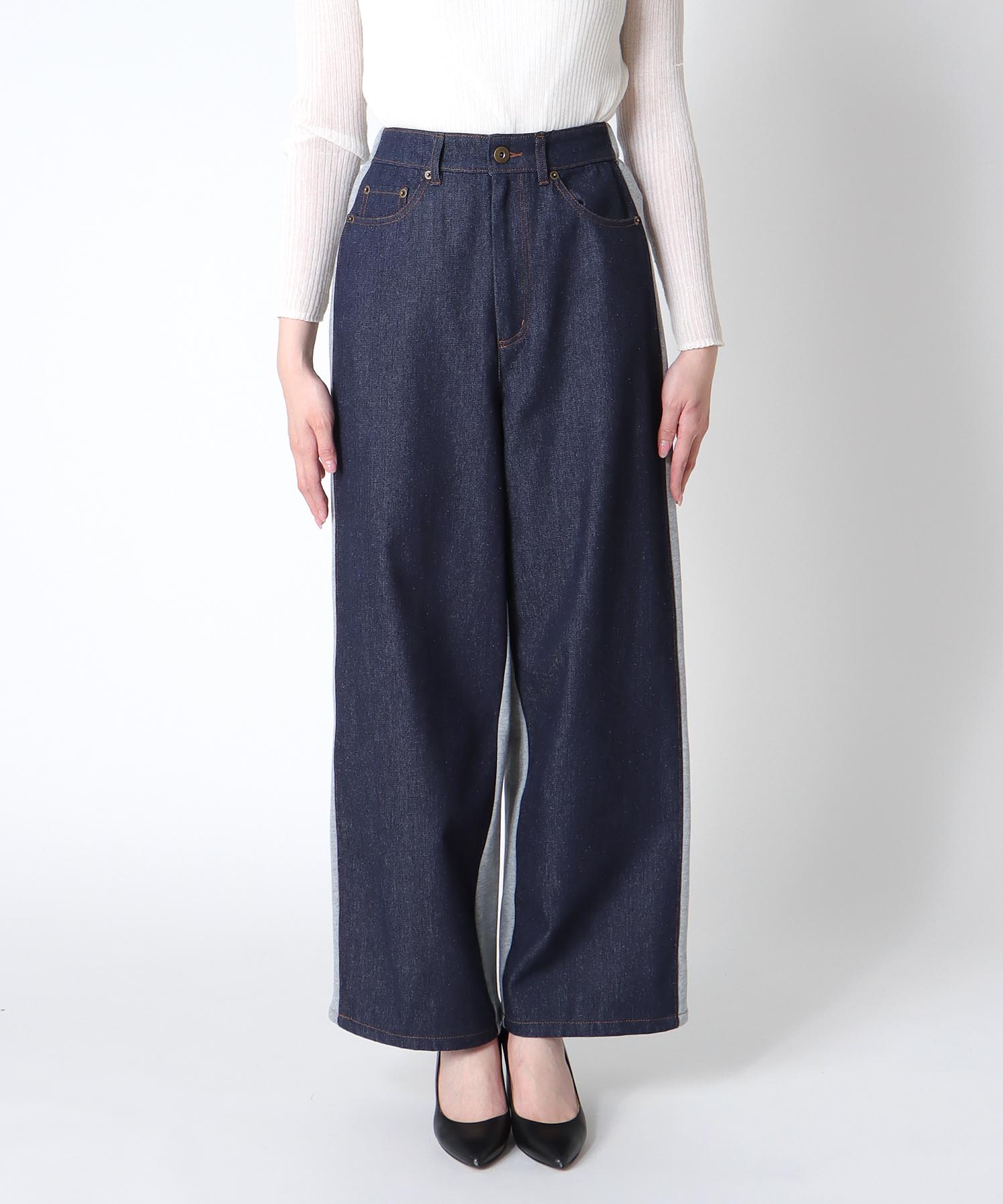 デニム×裏毛ワイドパンツ