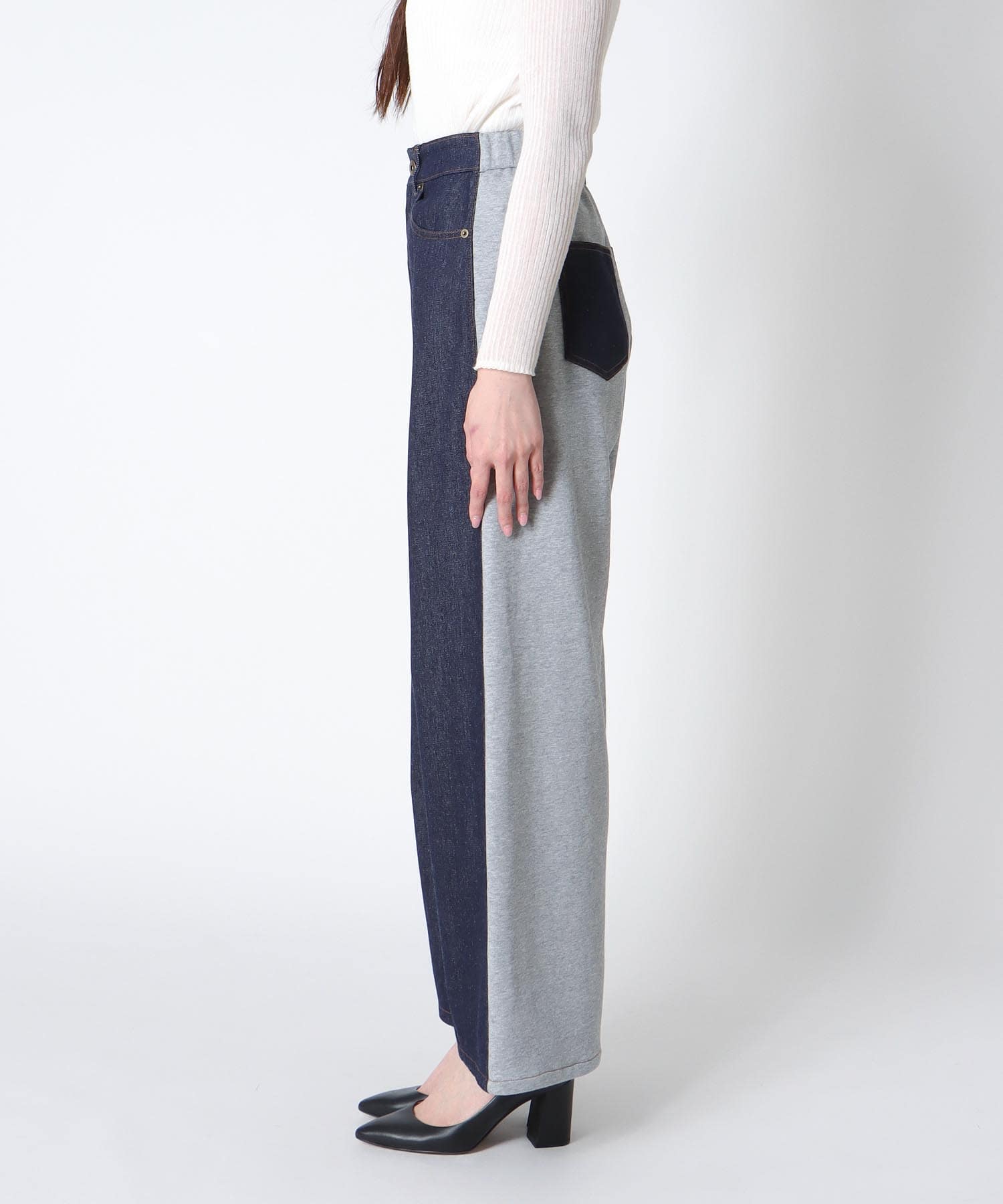 デニム×裏毛ワイドパンツ