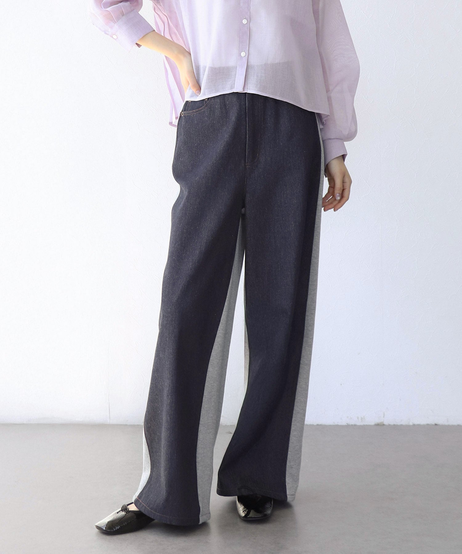 デニム×裏毛ワイドパンツ