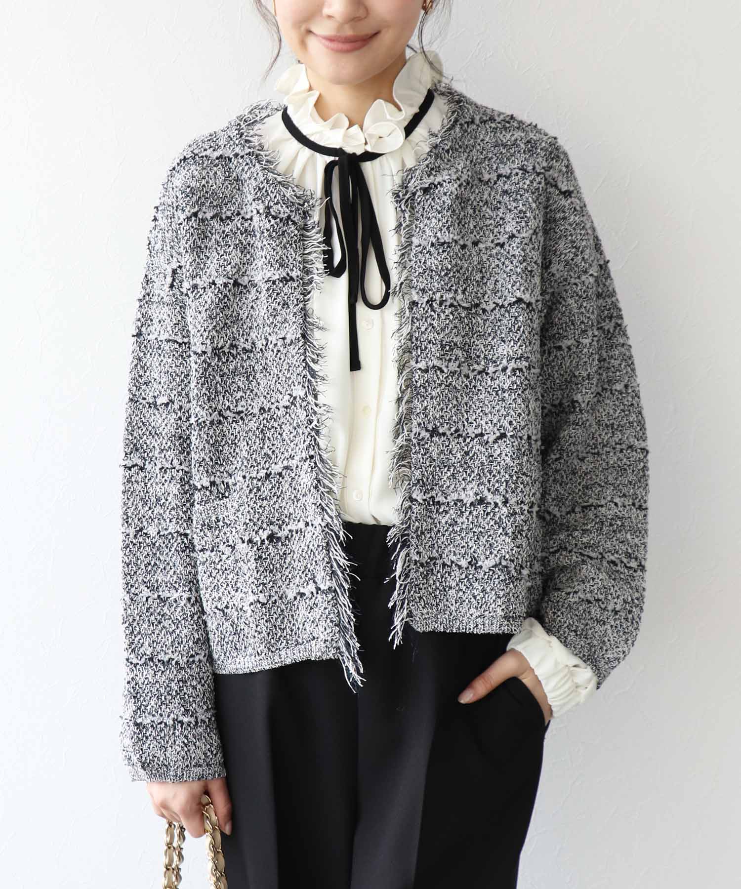 和紙ボーダーフリンジカーディガン