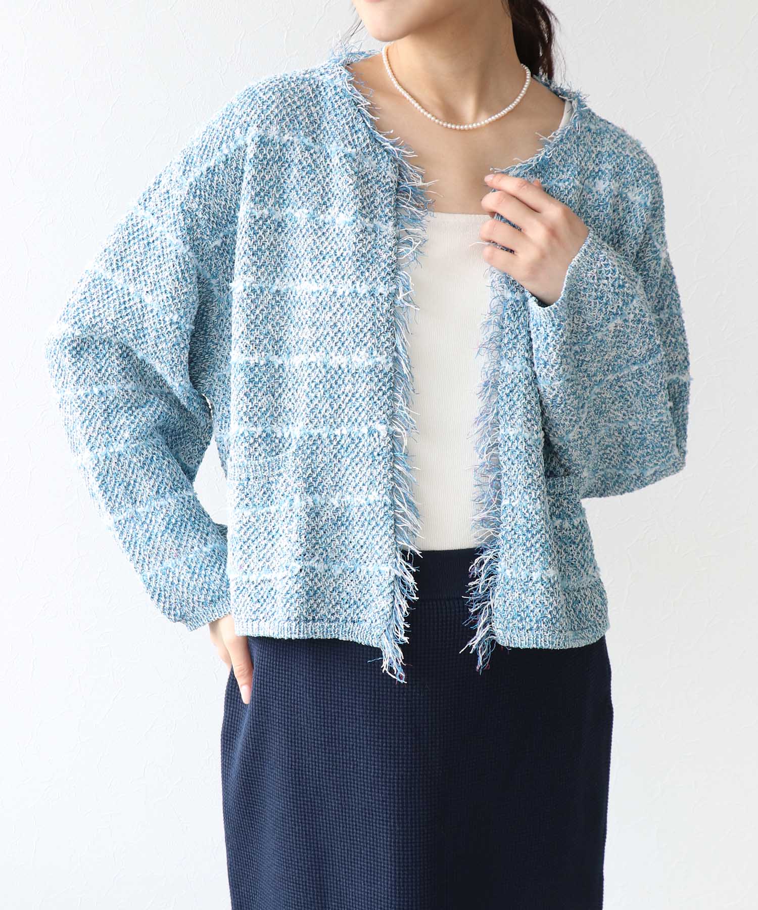 和紙ボーダーフリンジカーディガン