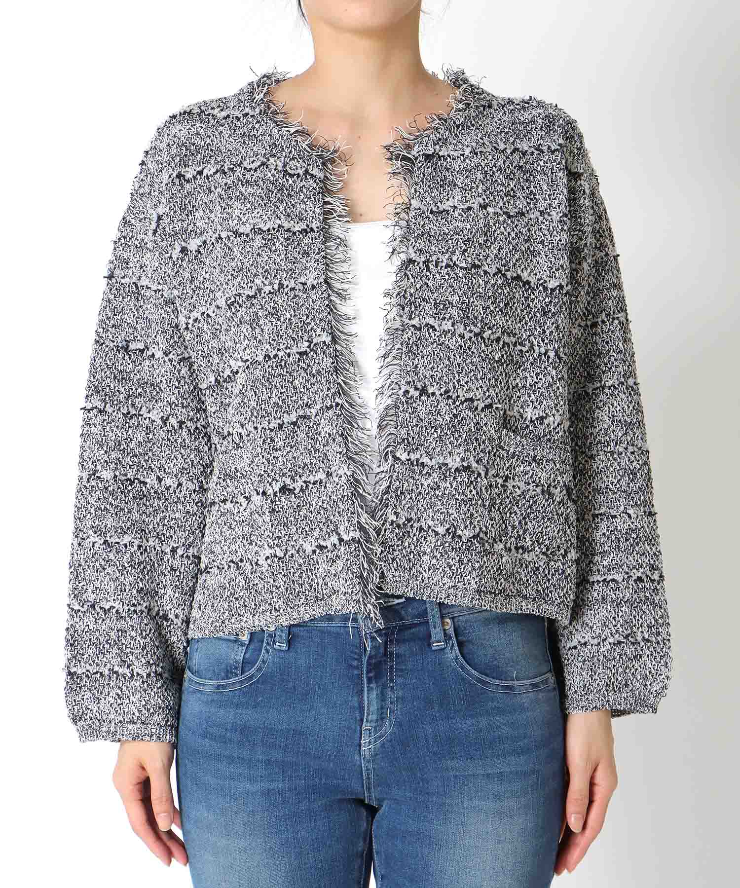 和紙ボーダーフリンジカーディガン