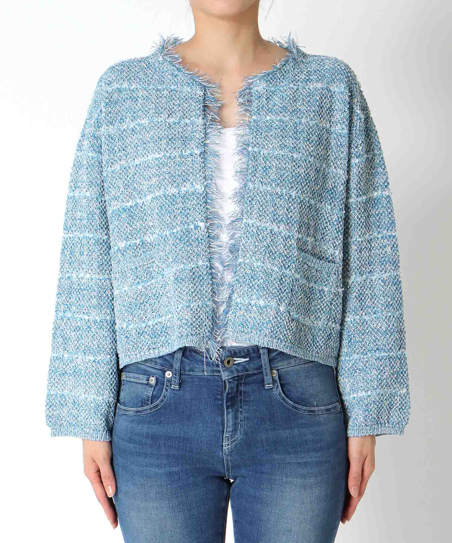 和紙ボーダーフリンジカーディガン