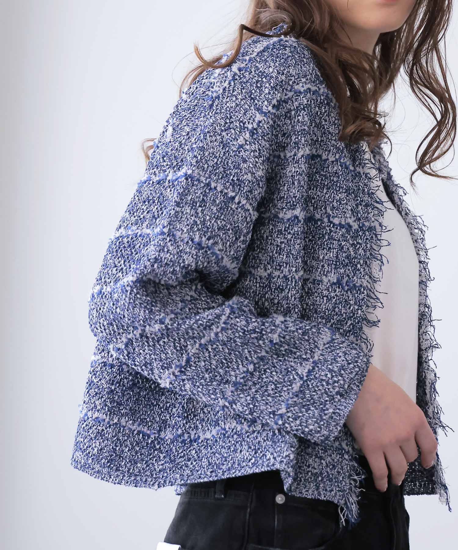 和紙ボーダーフリンジカーディガン