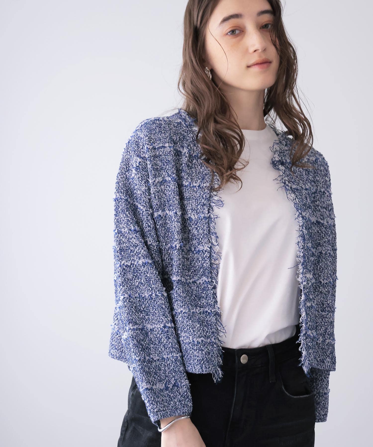 和紙ボーダーフリンジカーディガン