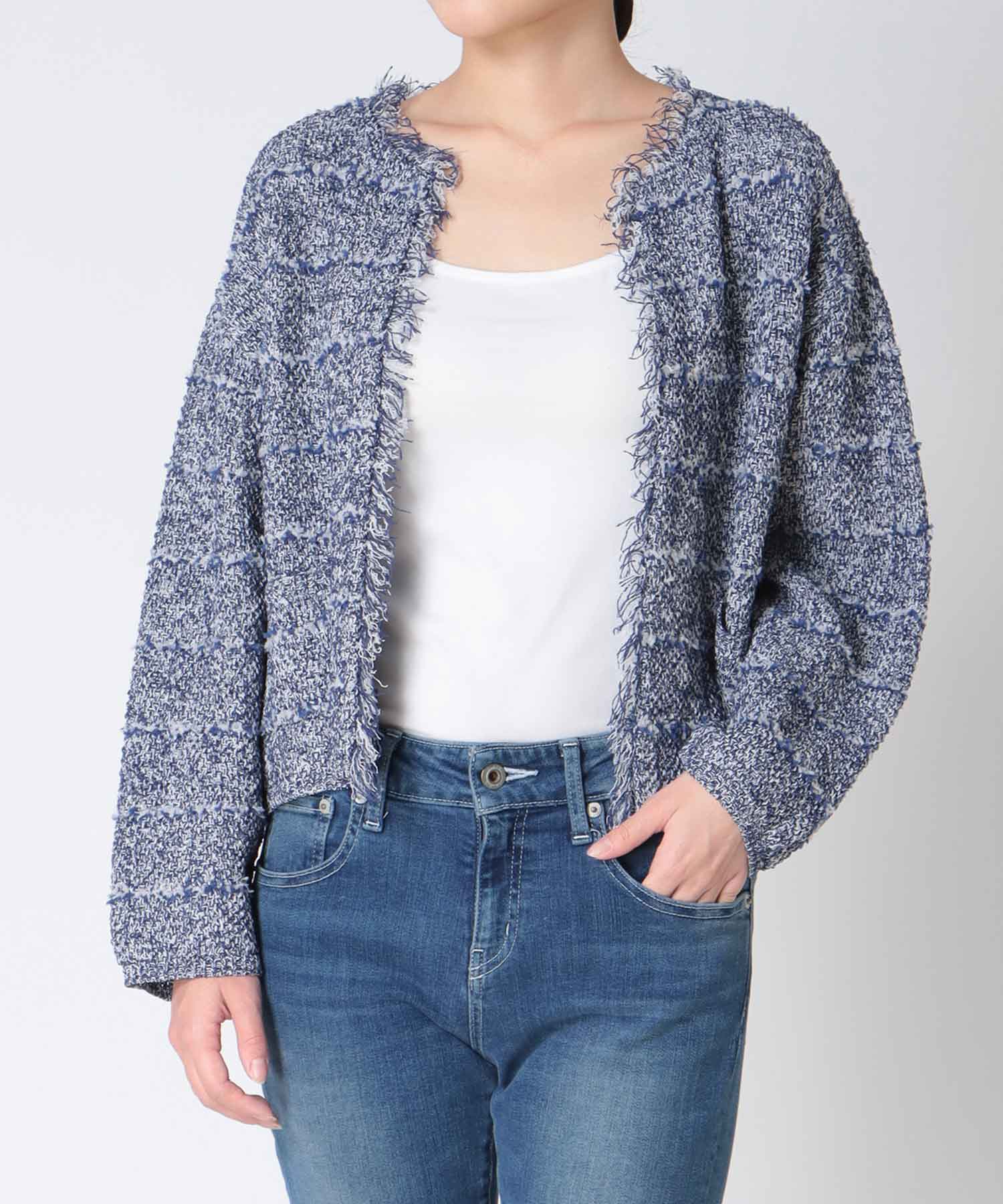 和紙ボーダーフリンジカーディガン