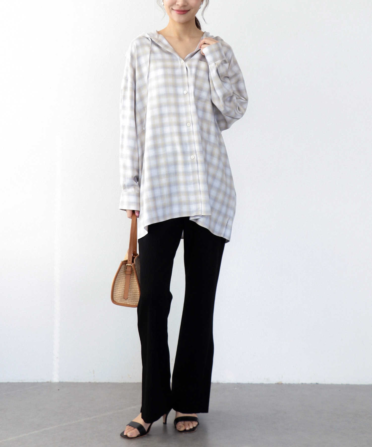 スラブチェックフーディシャツ