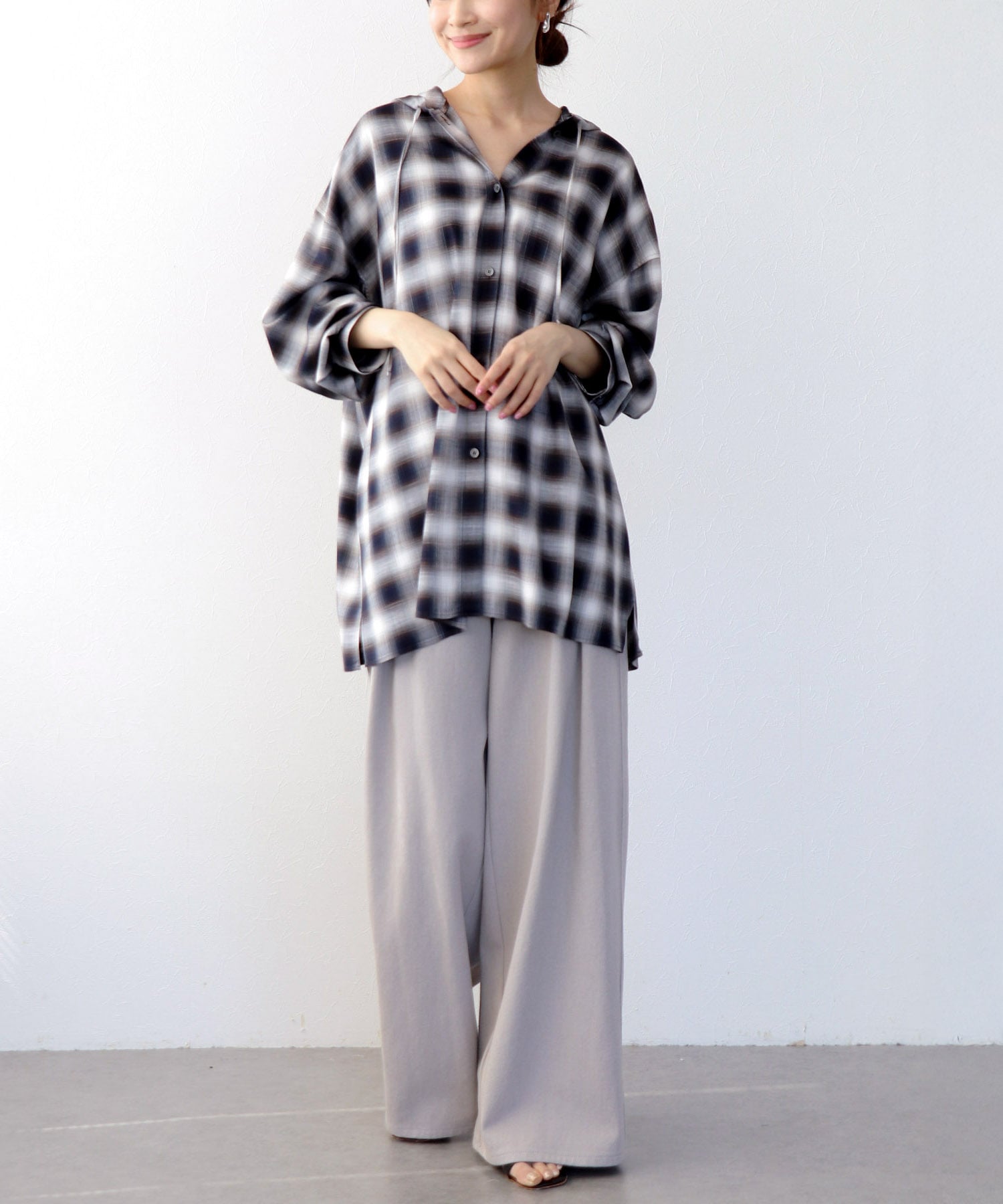 スラブチェックフーディシャツ