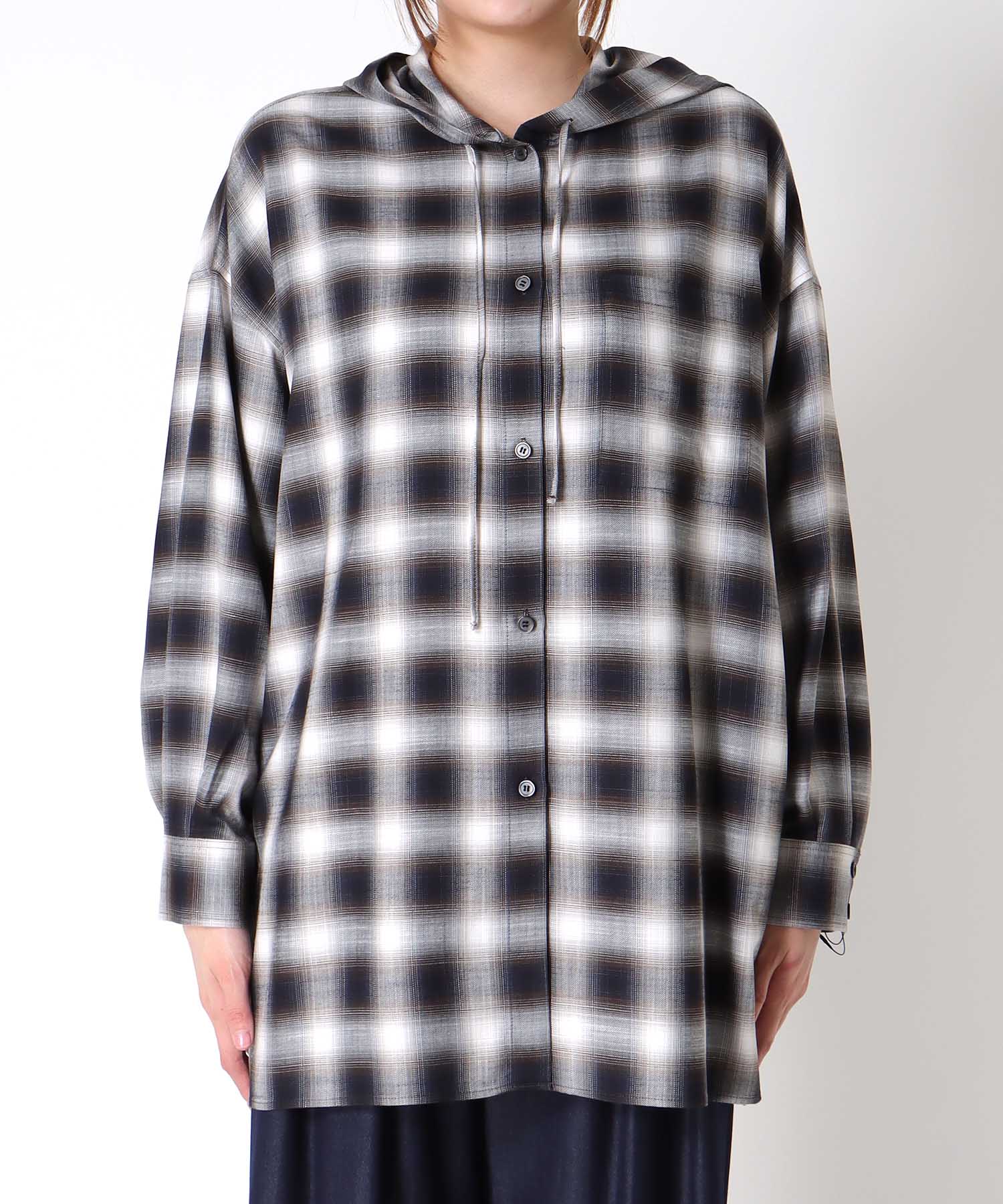 スラブチェックフーディシャツ