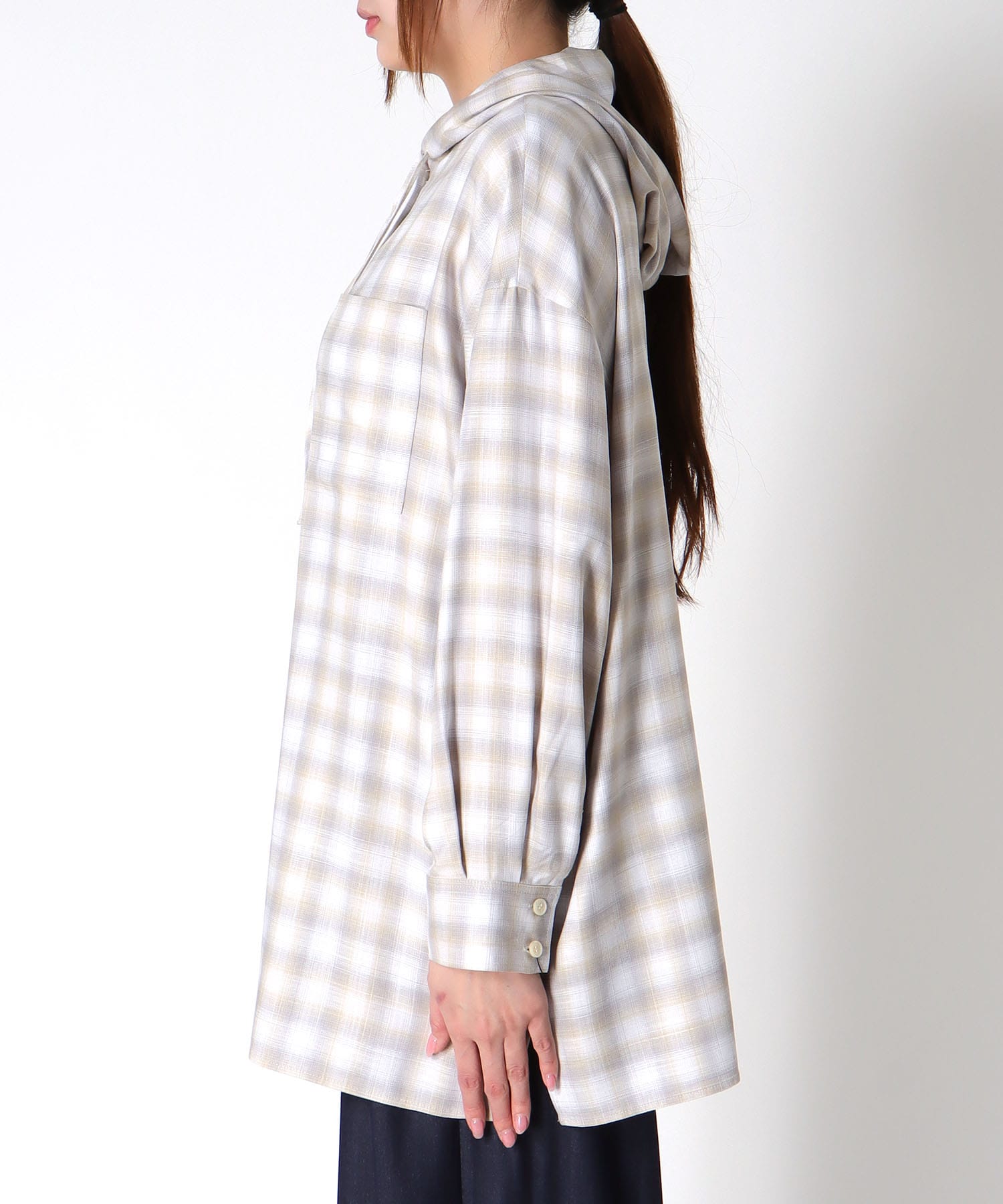 スラブチェックフーディシャツ