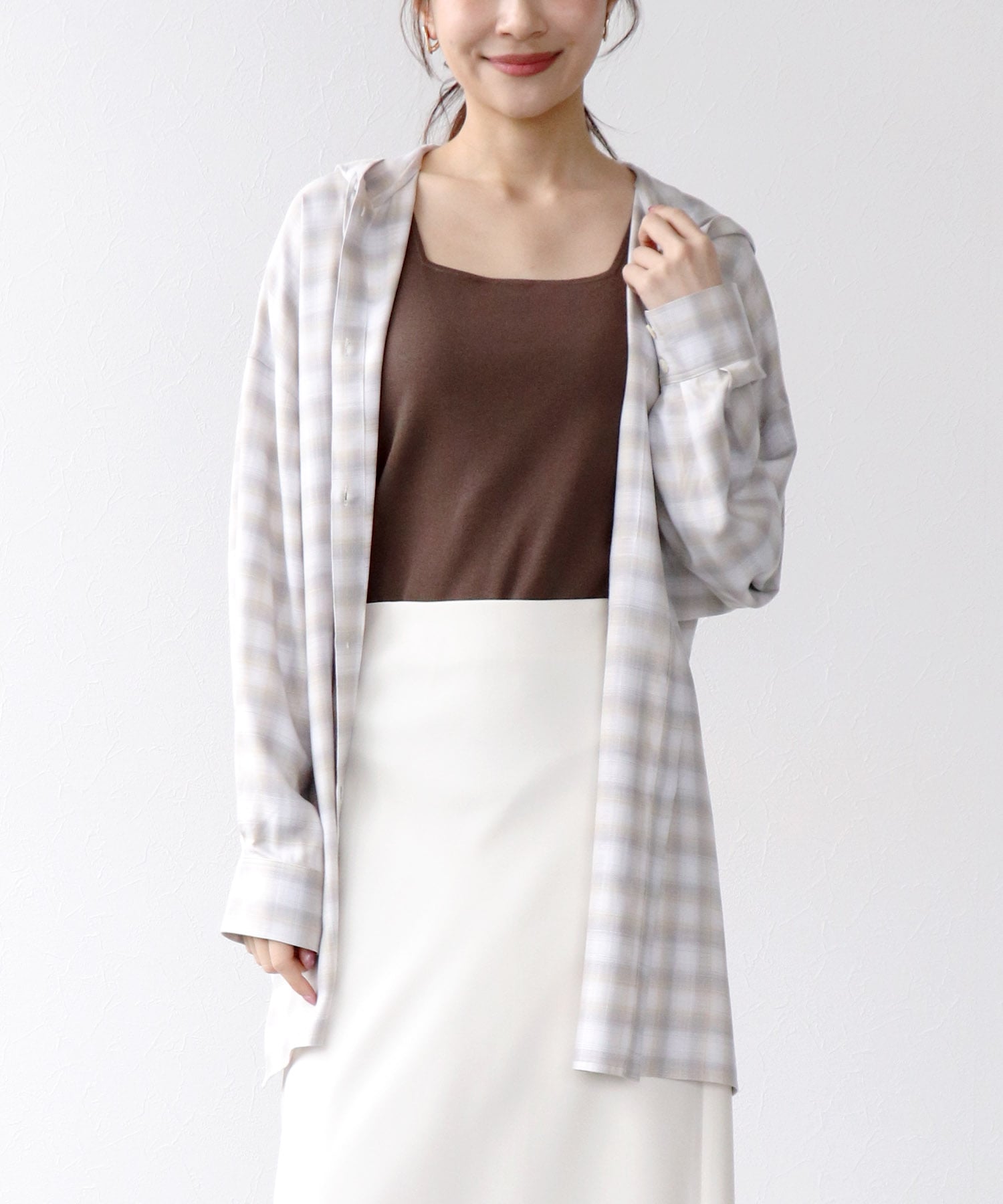 スラブチェックフーディシャツ