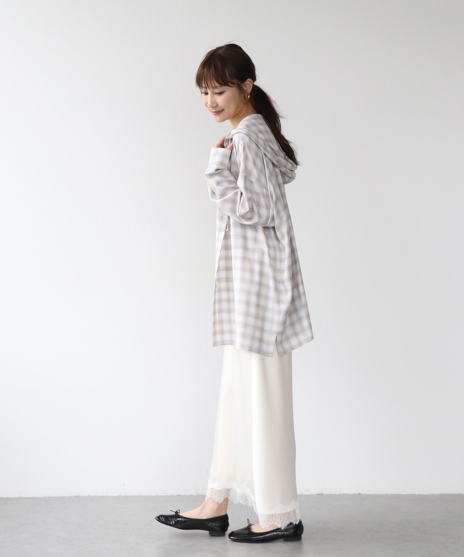 スラブチェックフーディシャツ