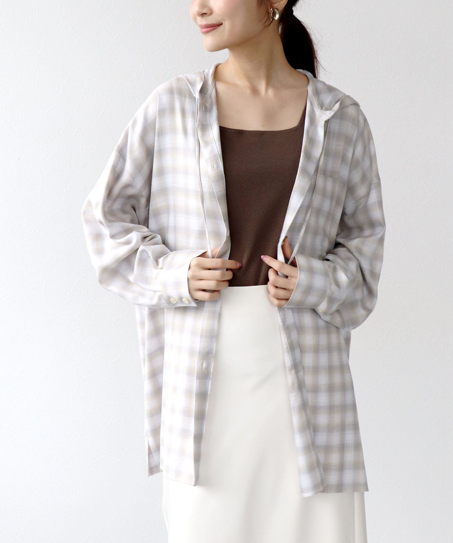 スラブチェックフーディシャツ