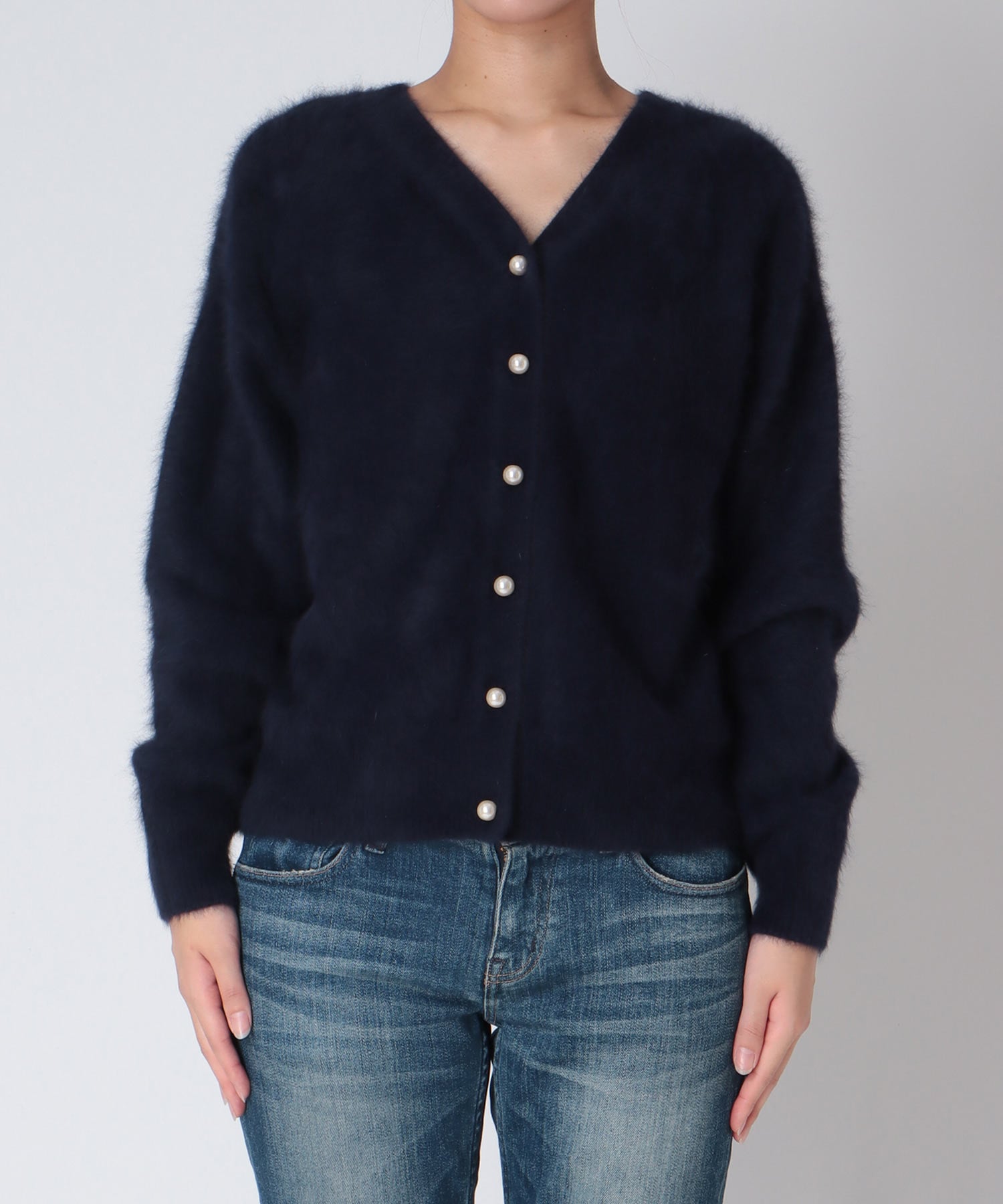 フォックスカシミヤ前後2wayパール釦カーディガン