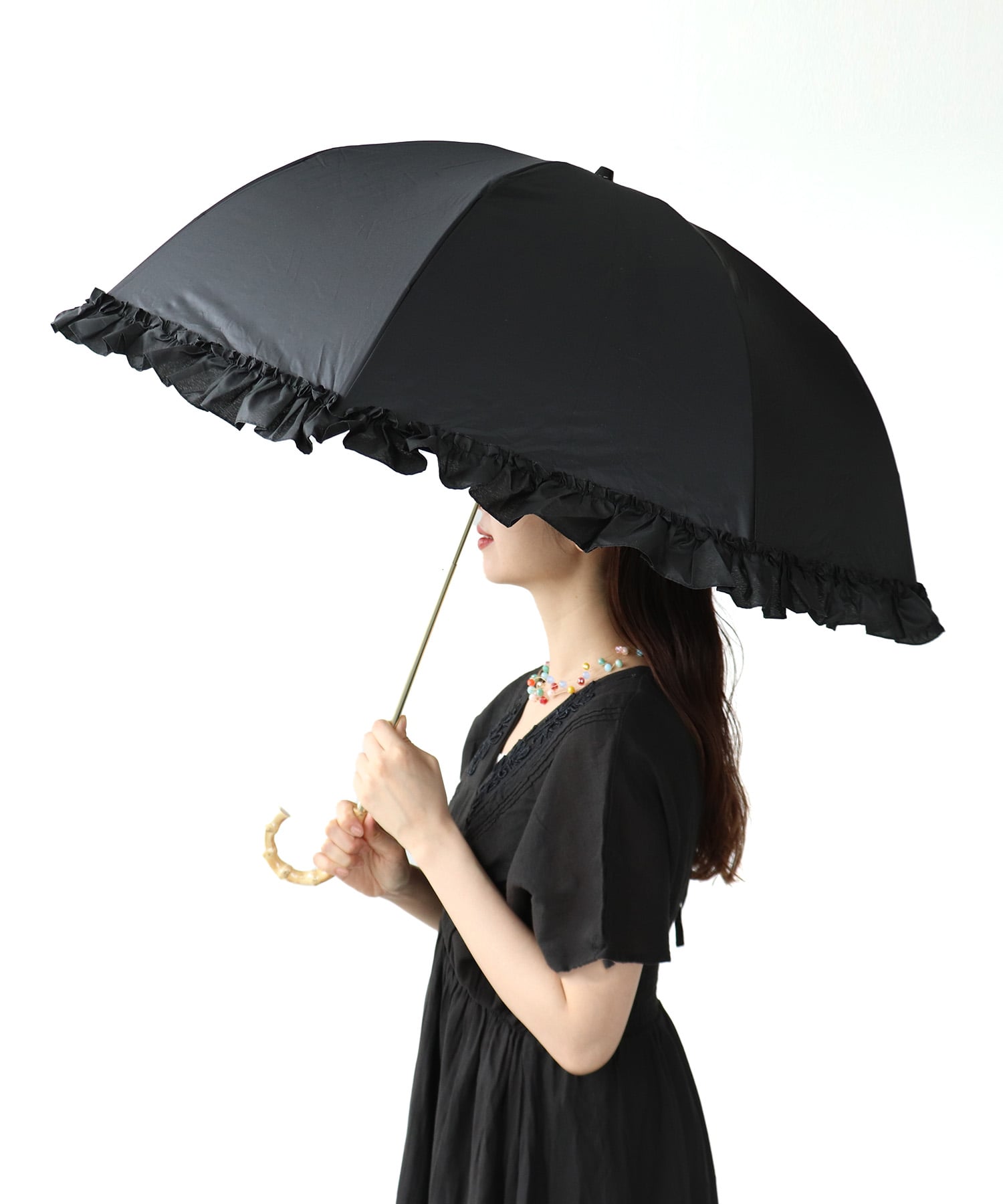 [CP日除け10%]【WEB限定】【pink trick】フリル完全遮光2段折傘(晴雨兼用)