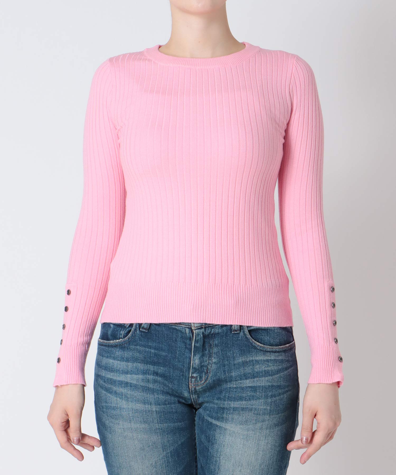 袖釦クルーネックリブプルオーバー