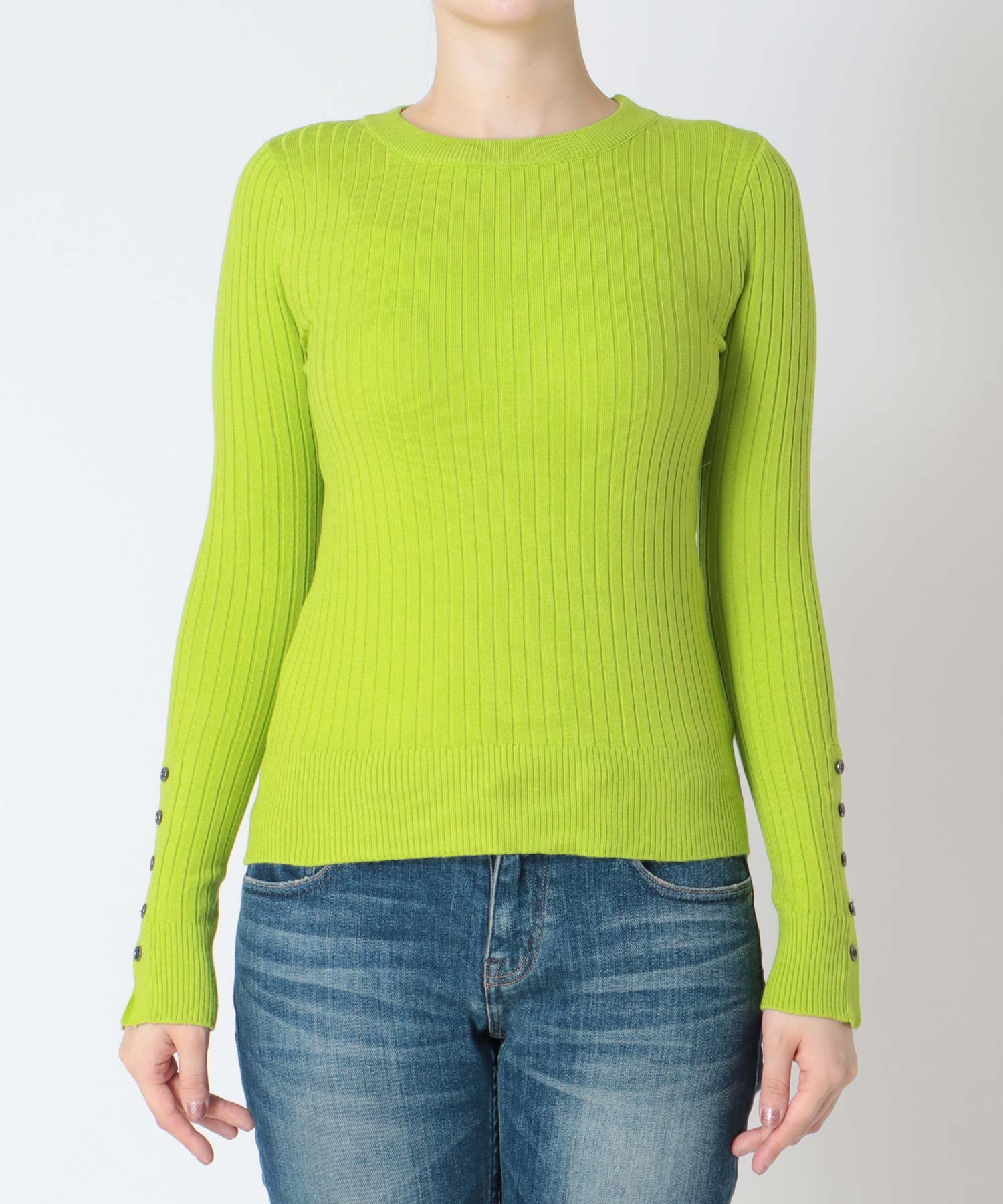 袖釦クルーネックリブプルオーバー