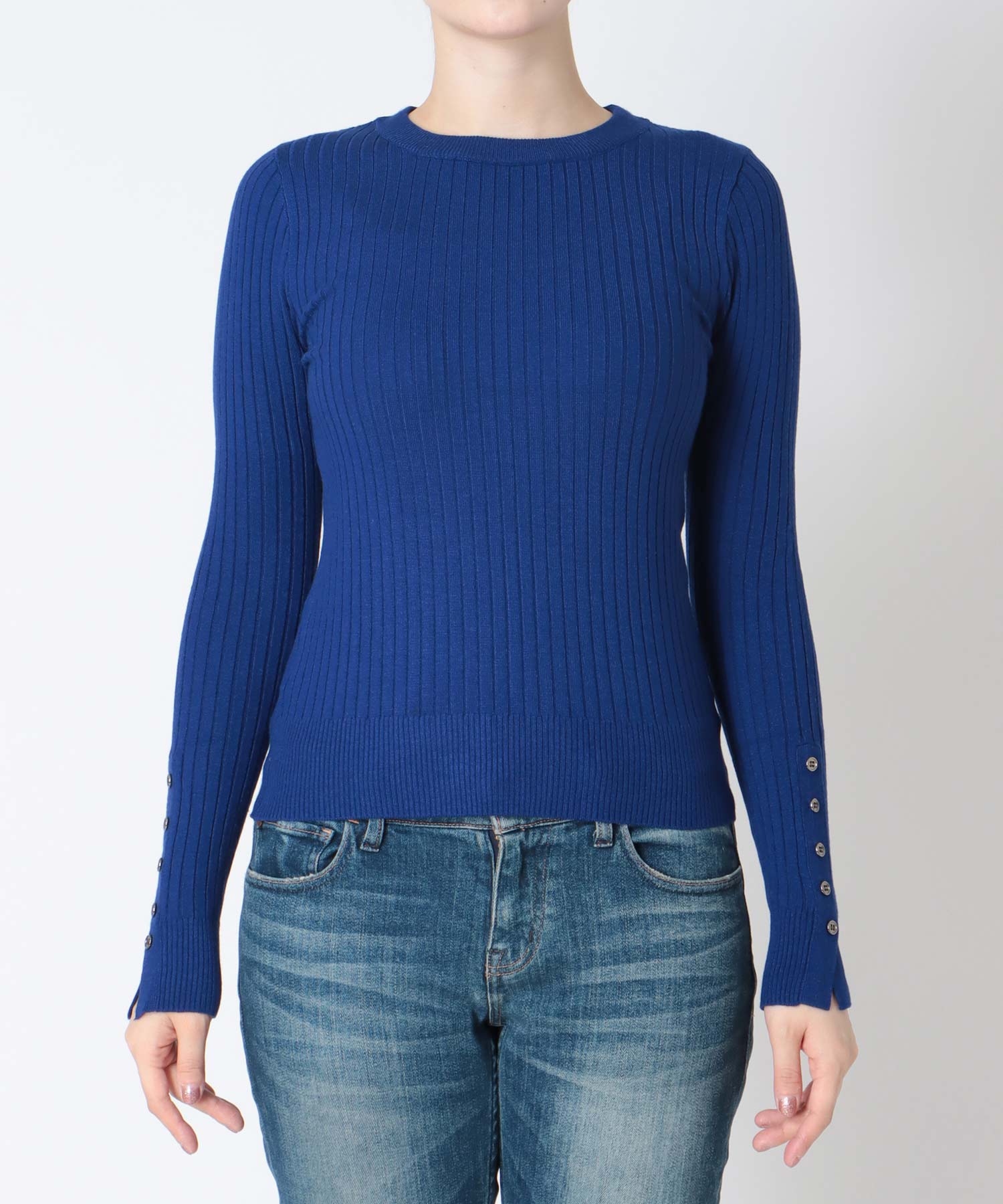 袖釦クルーネックリブプルオーバー