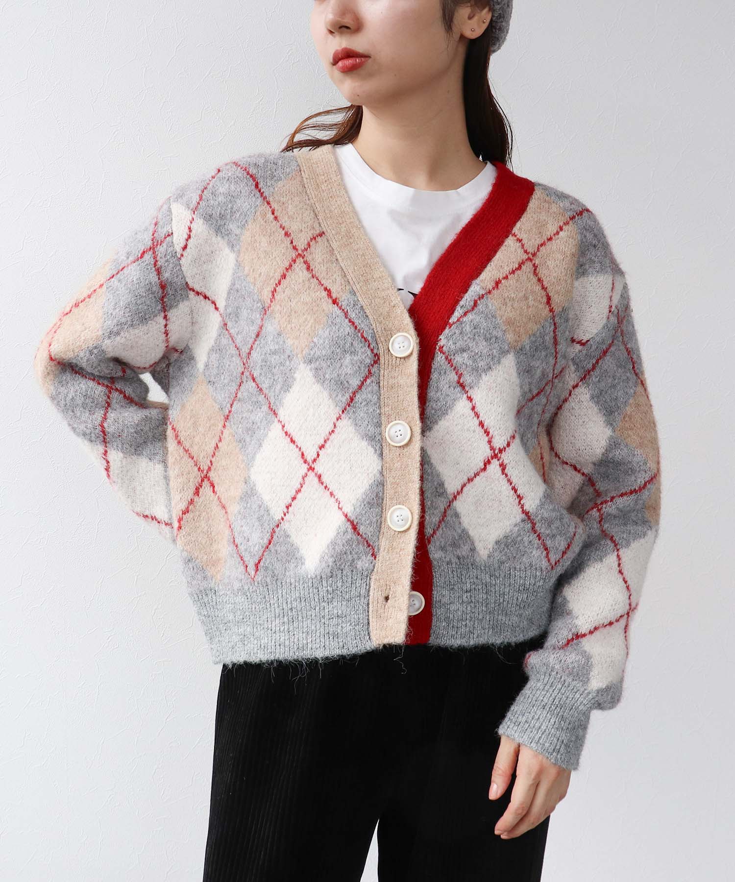 アーガイル柄カーディガン