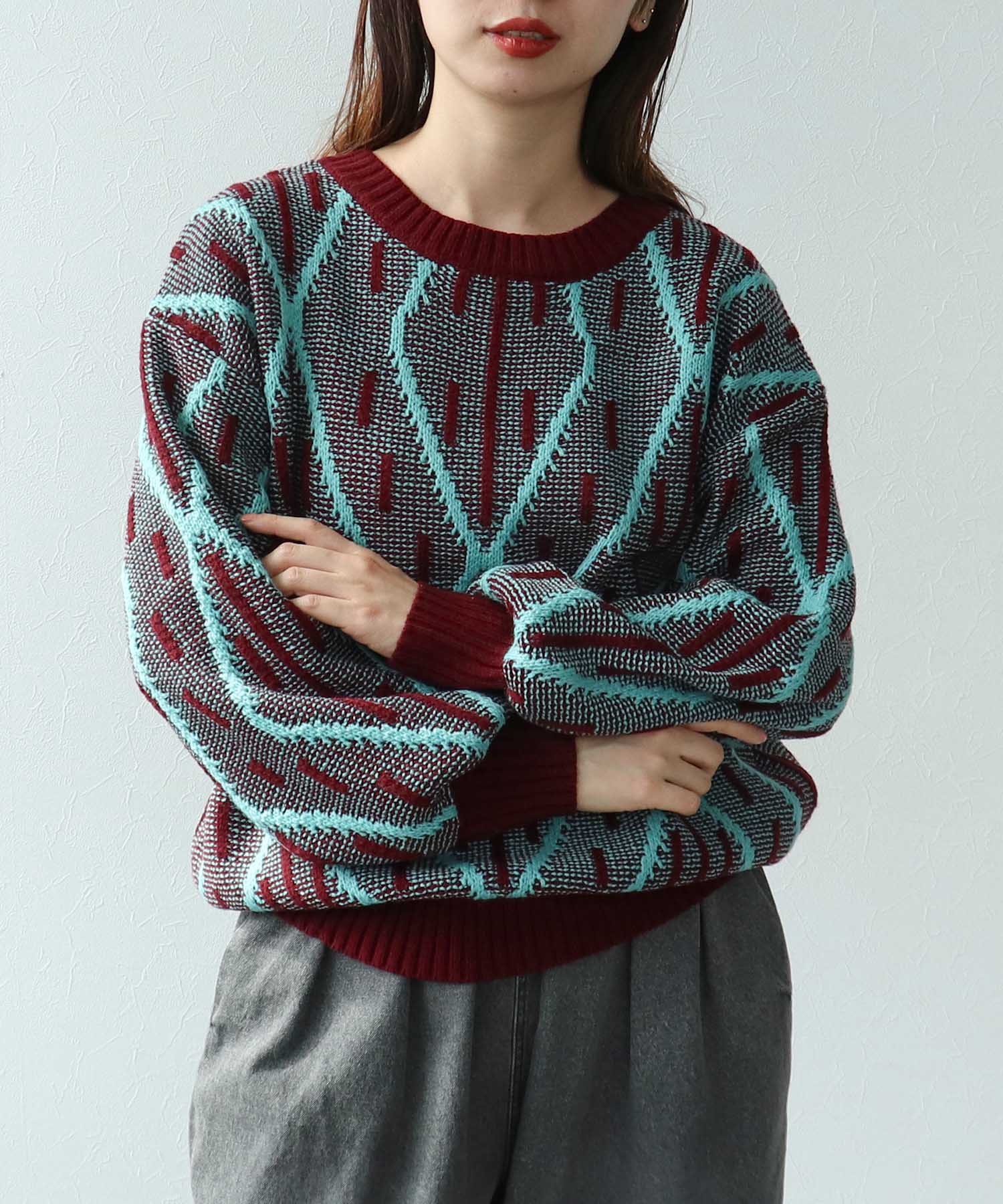 格子柄クルーネックプルオーバー
