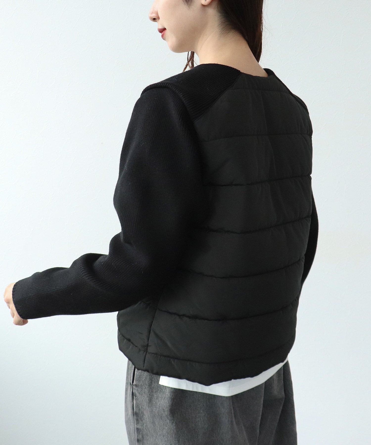 中綿×ニット切替ノーカラージャケット
