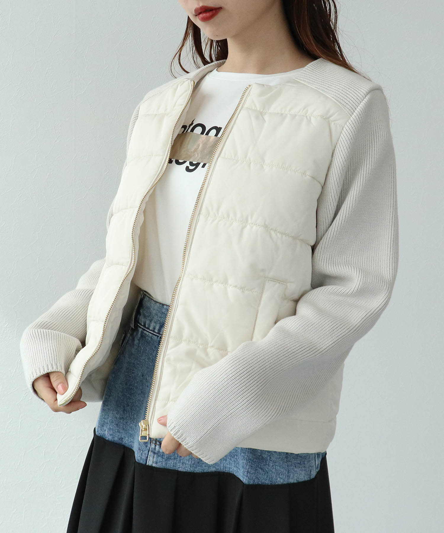 中綿×ニット切替ノーカラージャケット