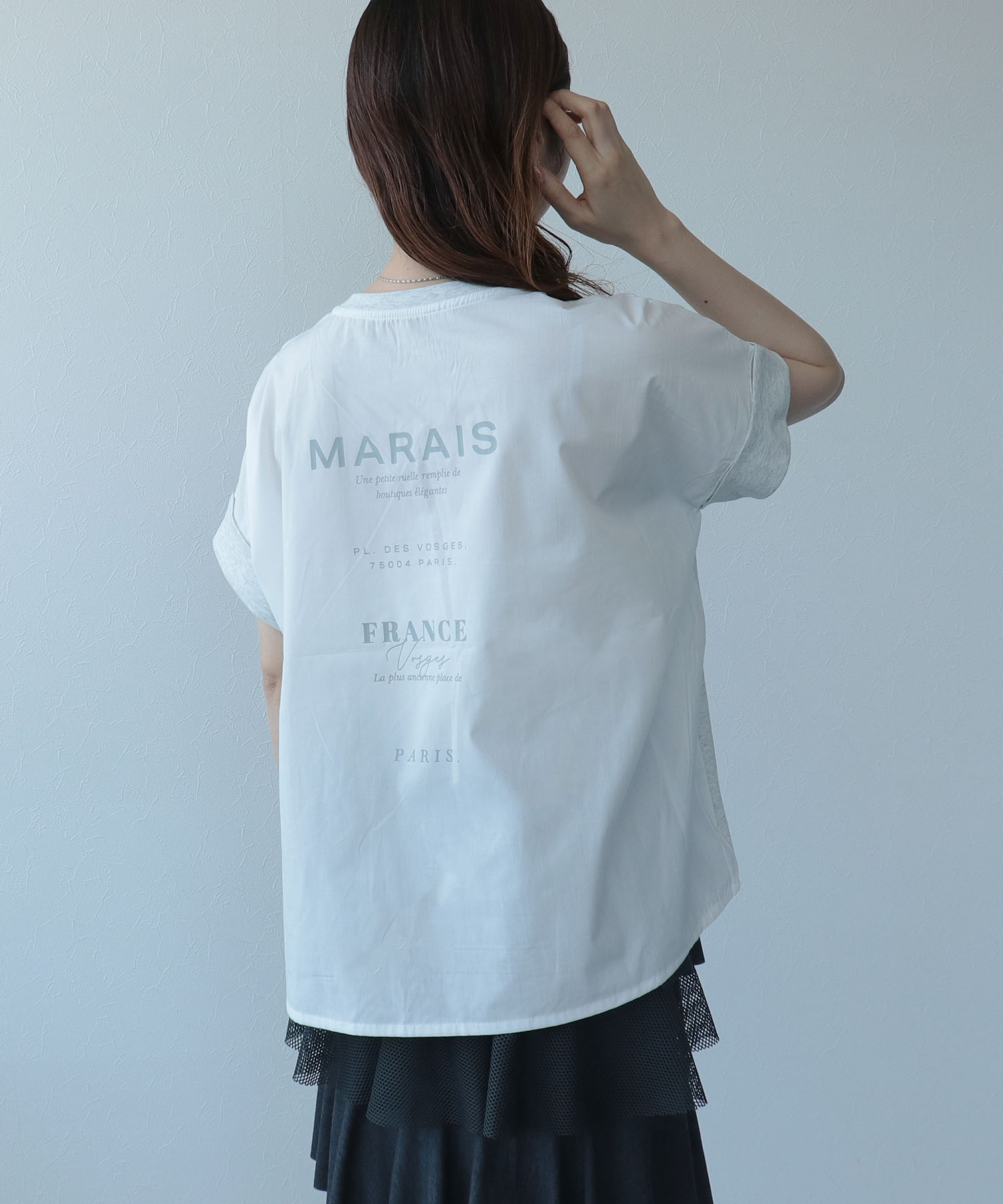 バックプリント異素材バイカラーTシャツ