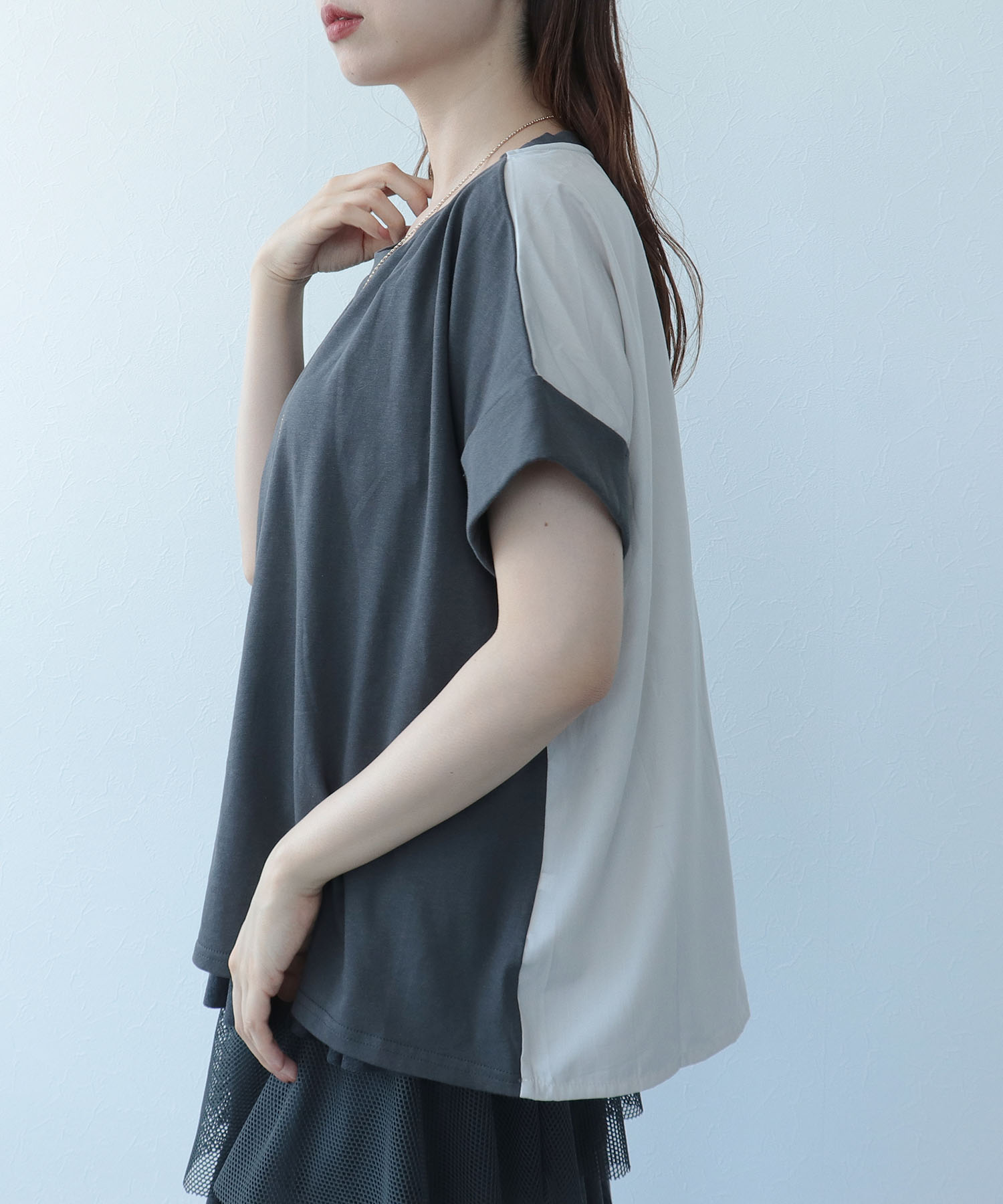 バックプリント異素材バイカラーTシャツ