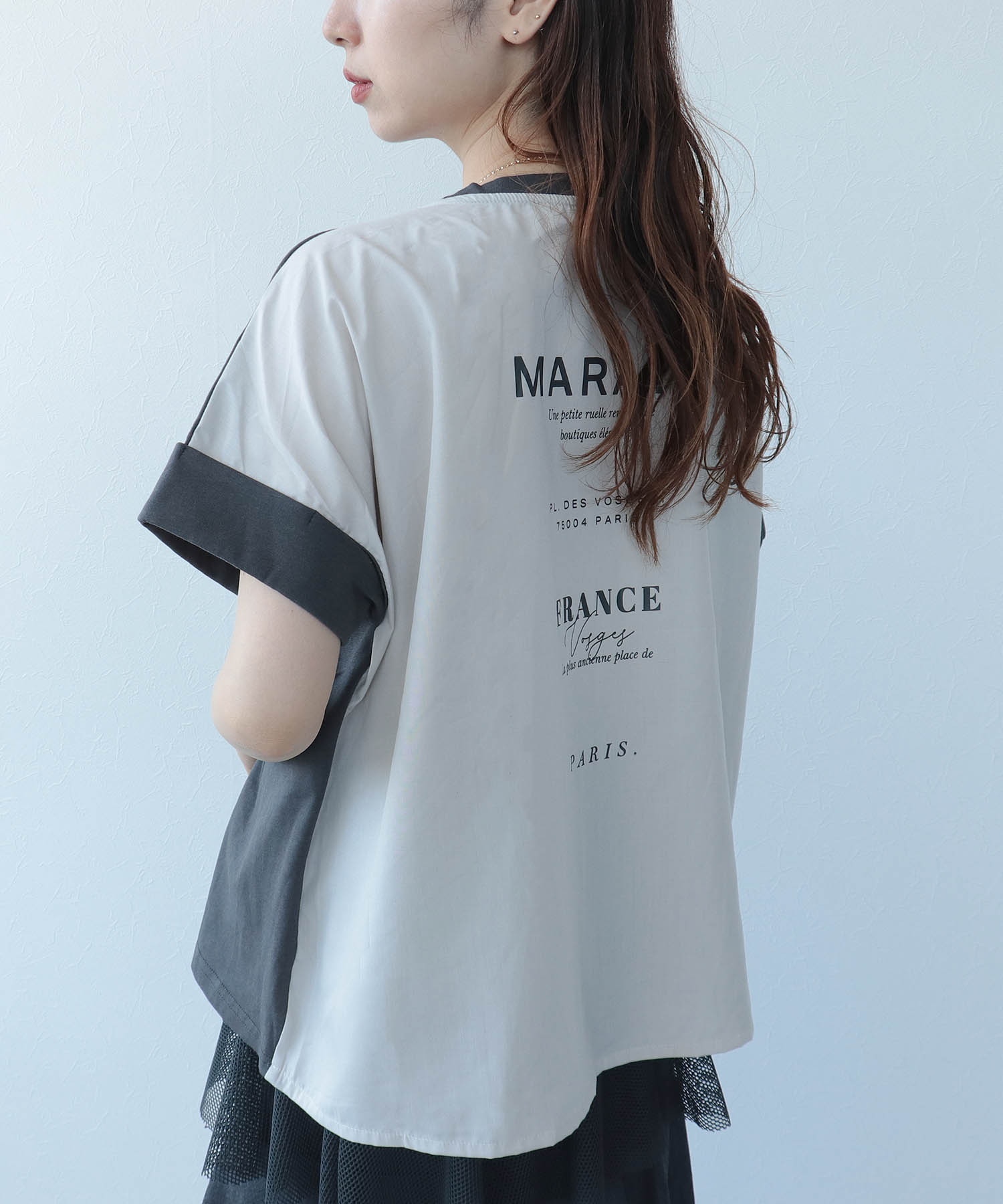 バックプリント異素材バイカラーTシャツ
