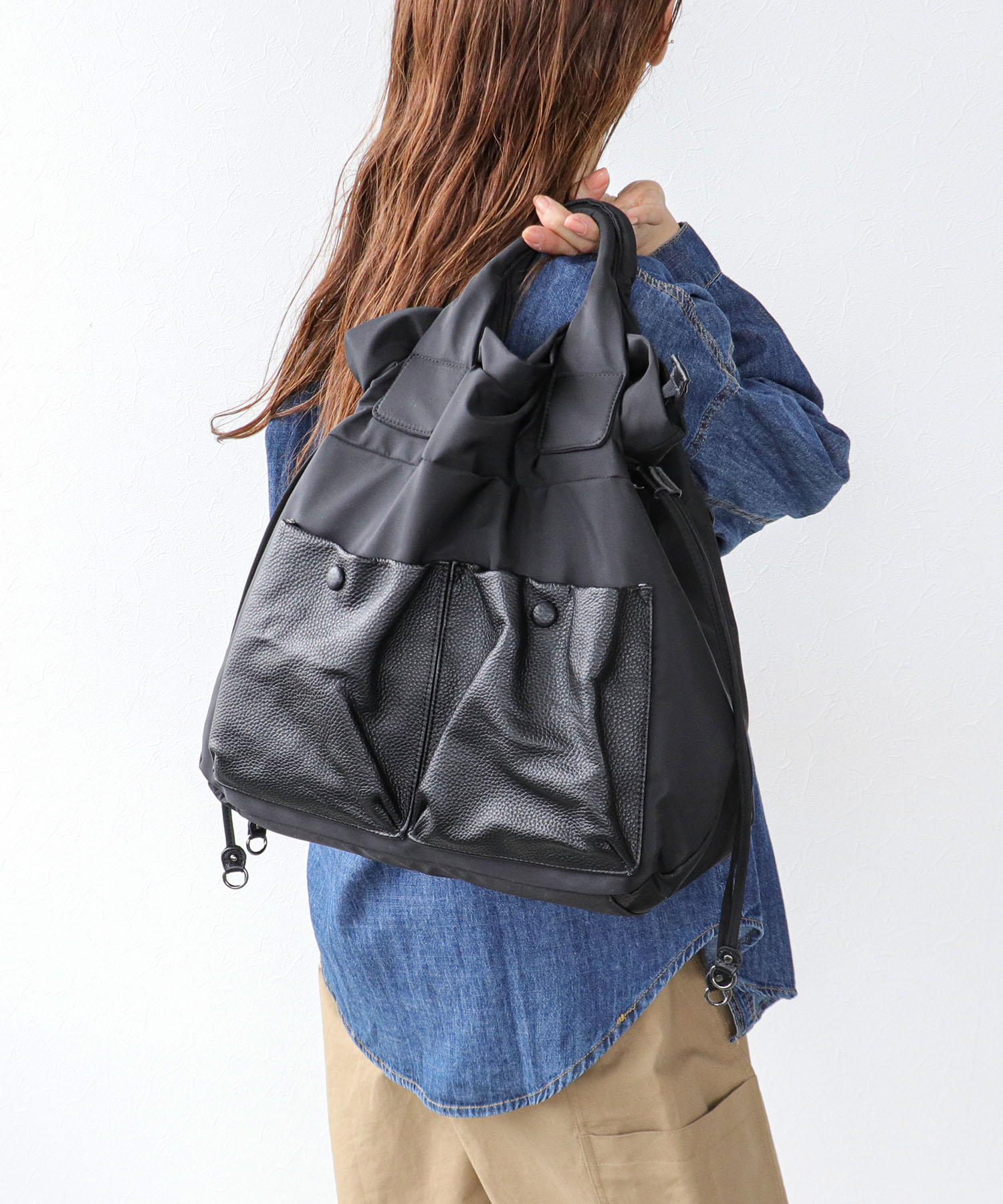 牛革×ナイロンWポケットトートバッグ