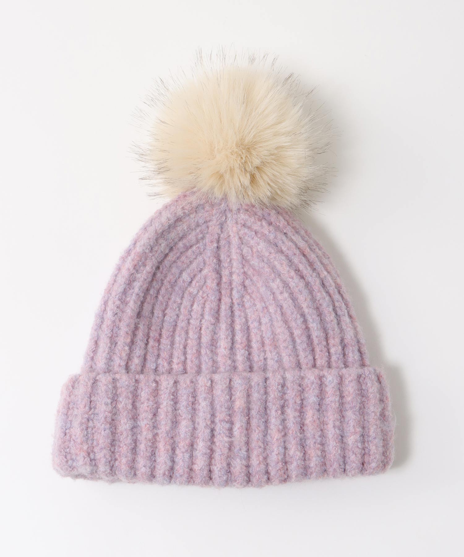 ポンポン付リブニット帽