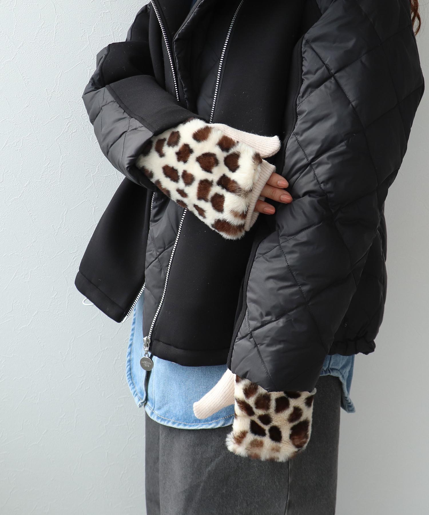 ヒョウ柄ファー指無しグローブ