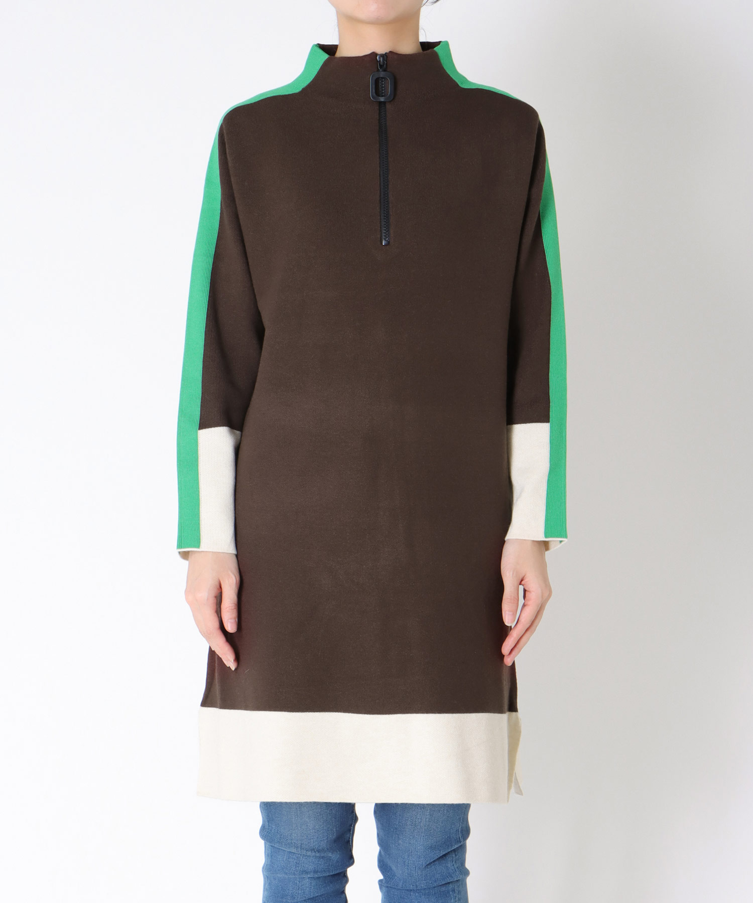 袖ラインハーフジップチュニック