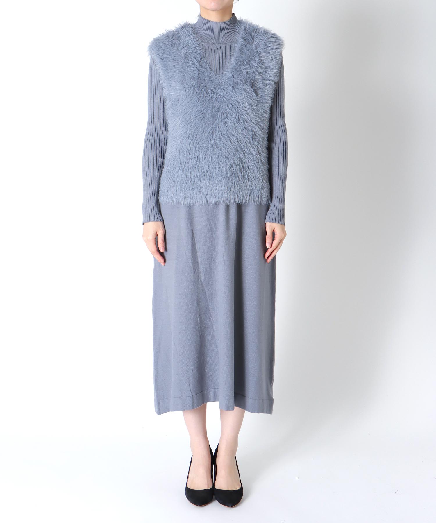 シャギーベストセットニットワンピース