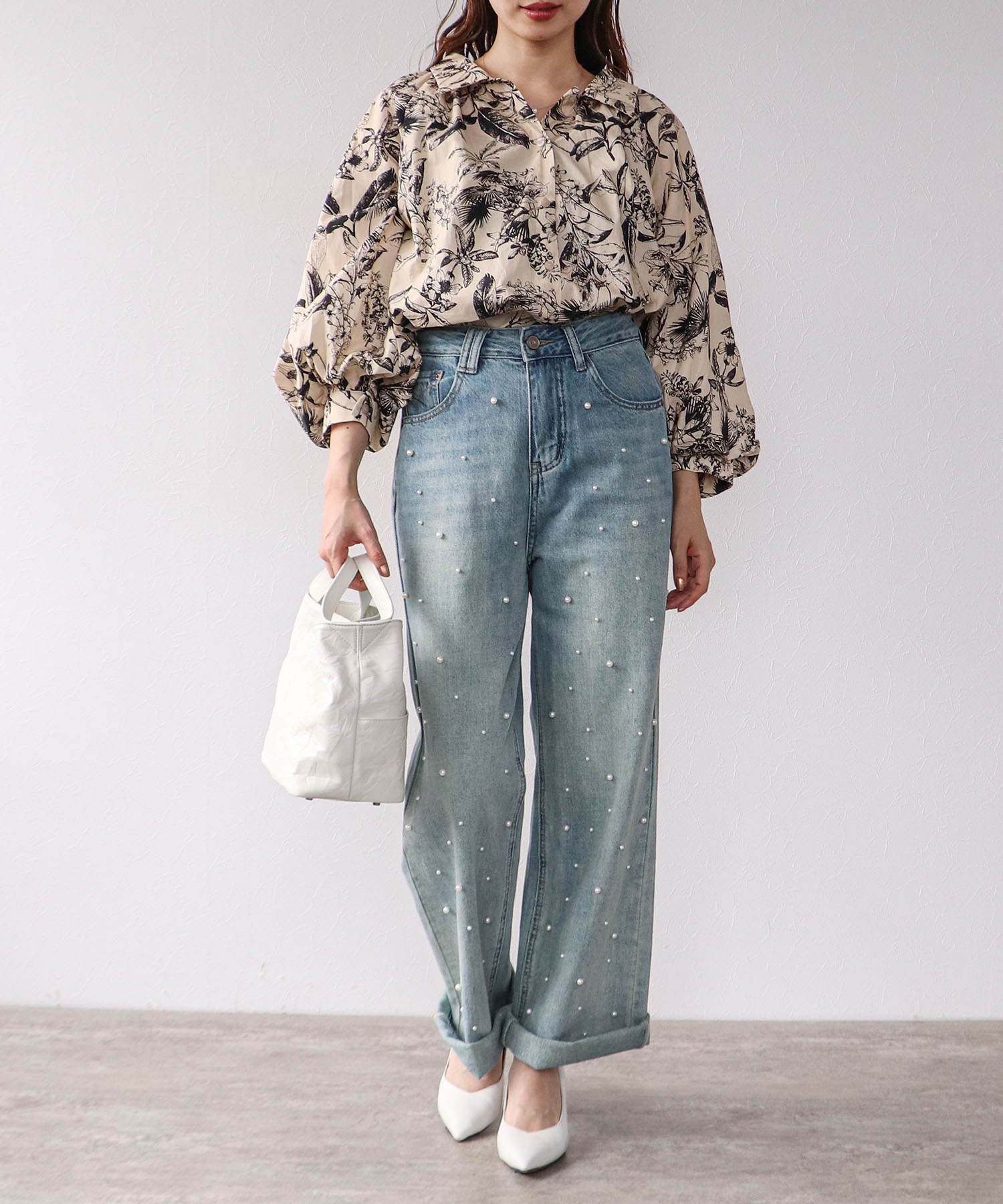 草花プリントボリューム袖ブラウス