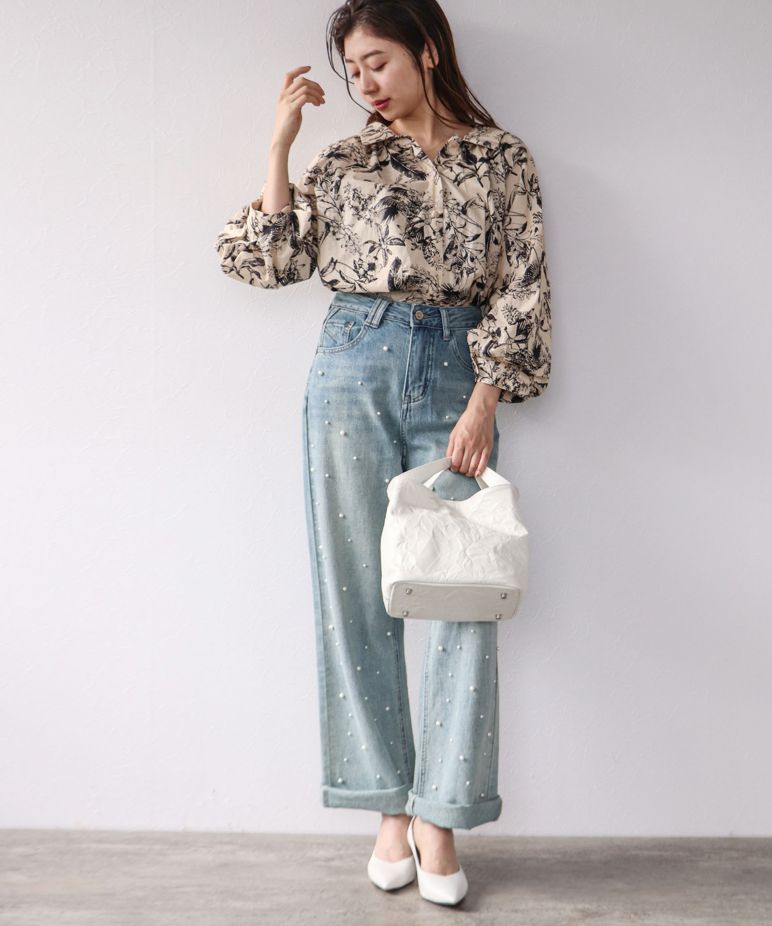 草花プリントボリューム袖ブラウス