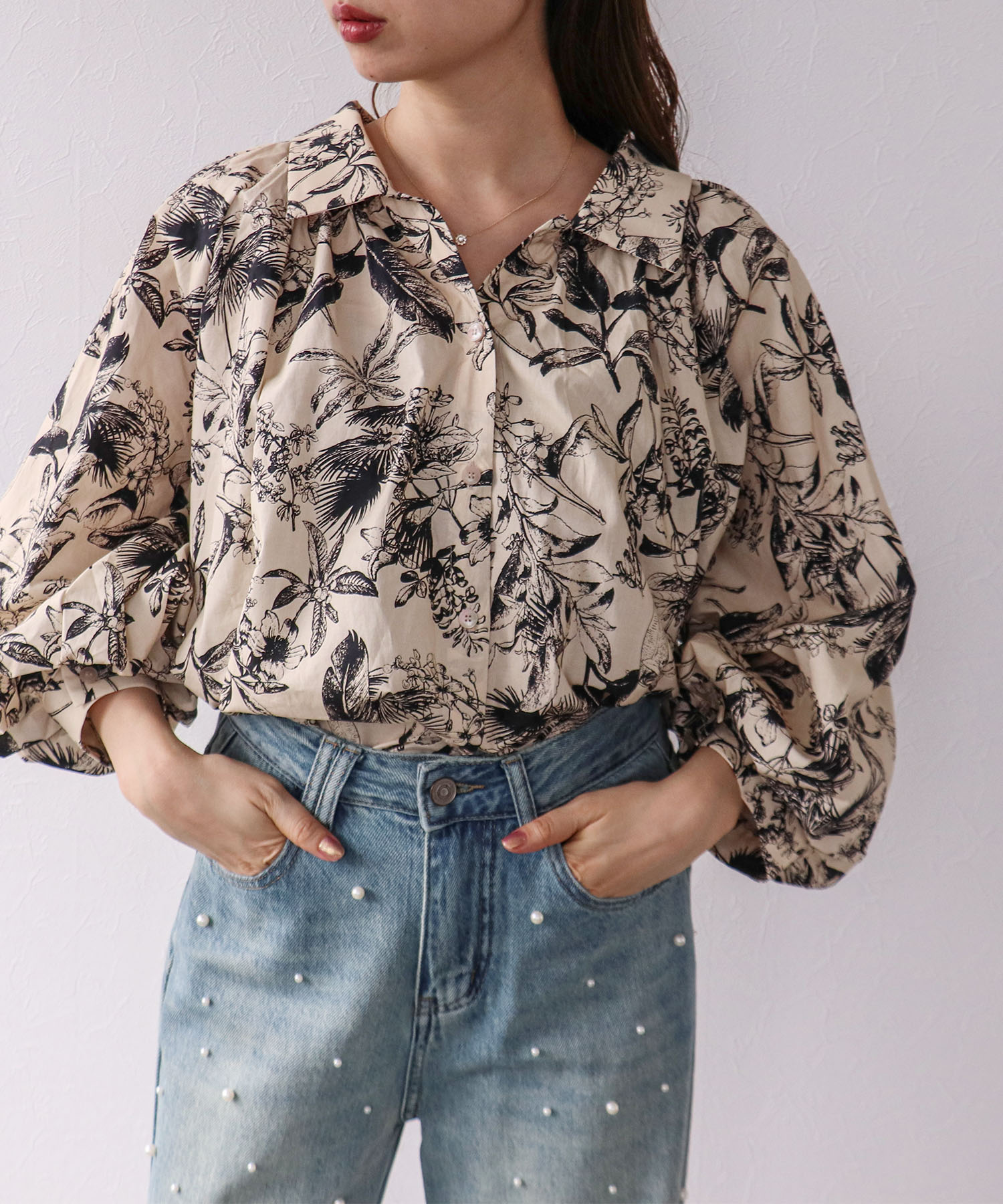 草花プリントボリューム袖ブラウス