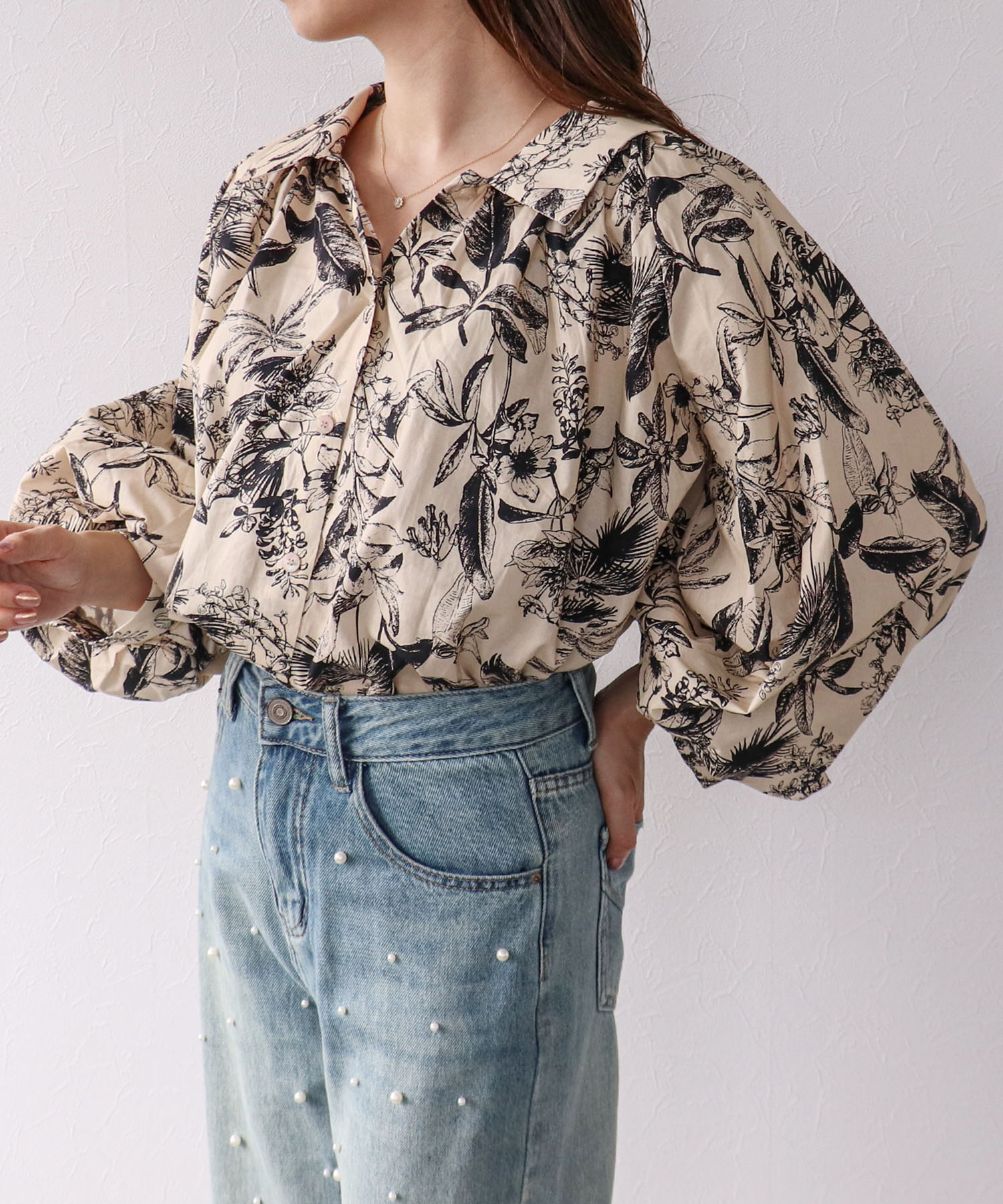 草花プリントボリューム袖ブラウス