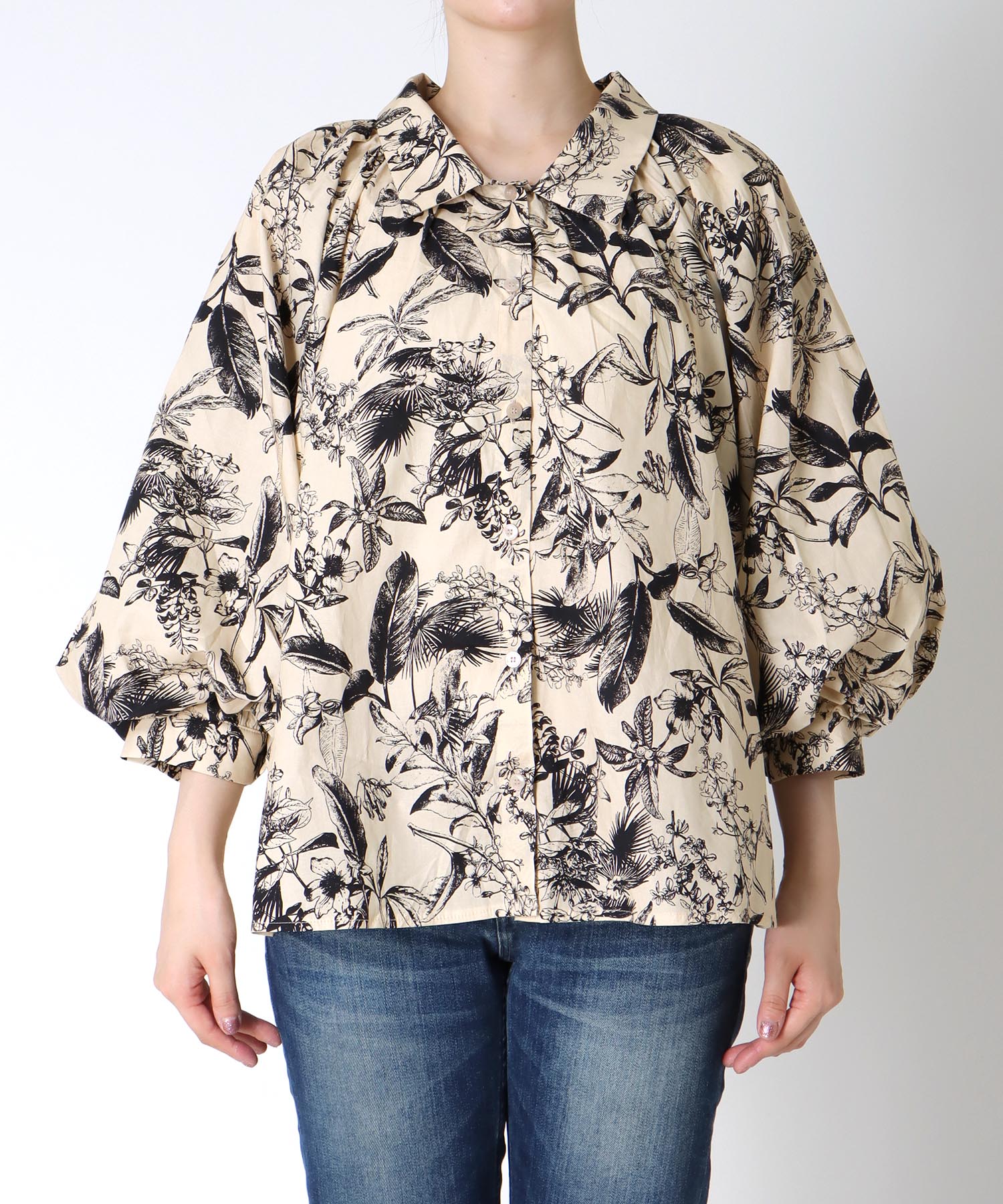 草花プリントボリューム袖ブラウス