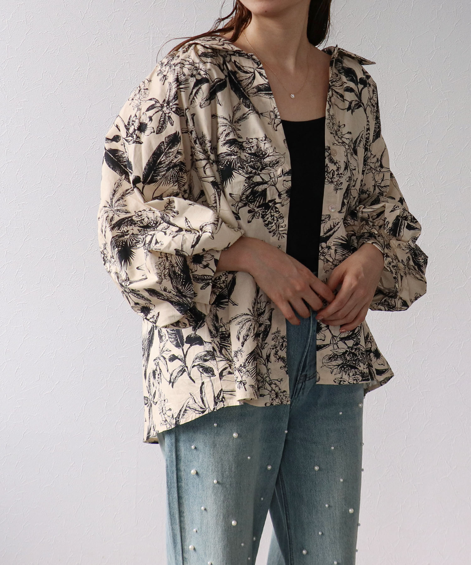 草花プリントボリューム袖ブラウス