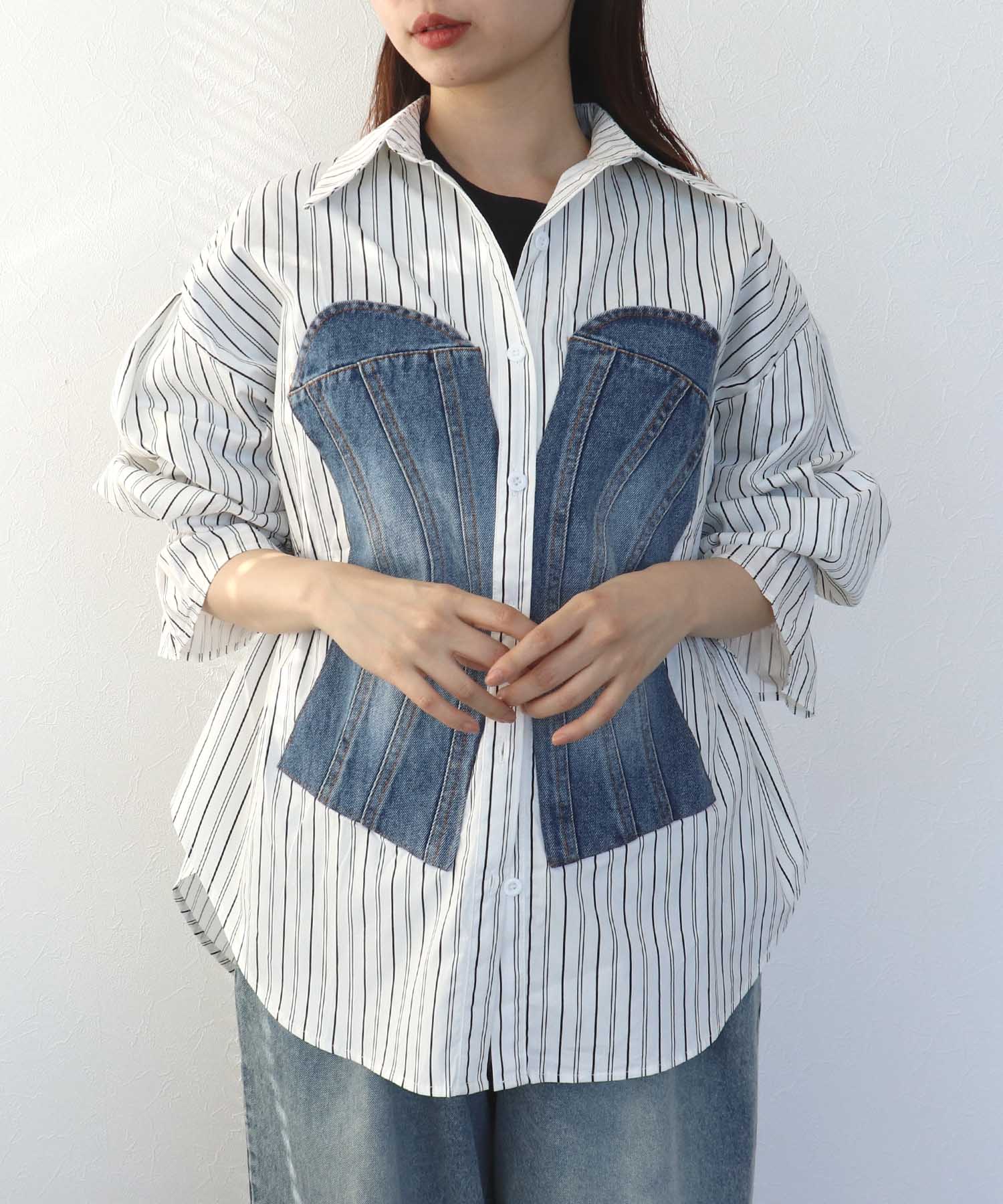 Backギャザーデニムパッチシャツ