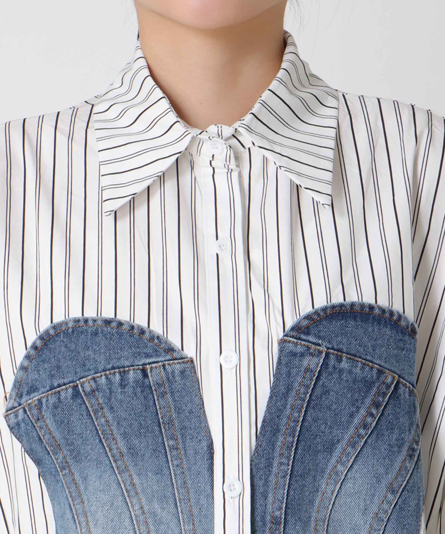 Backギャザーデニムパッチシャツ