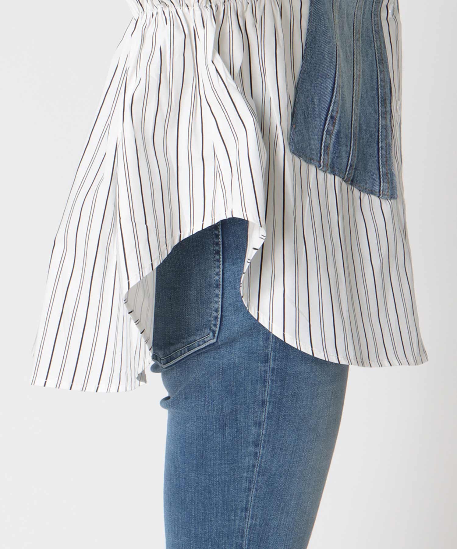 Backギャザーデニムパッチシャツ