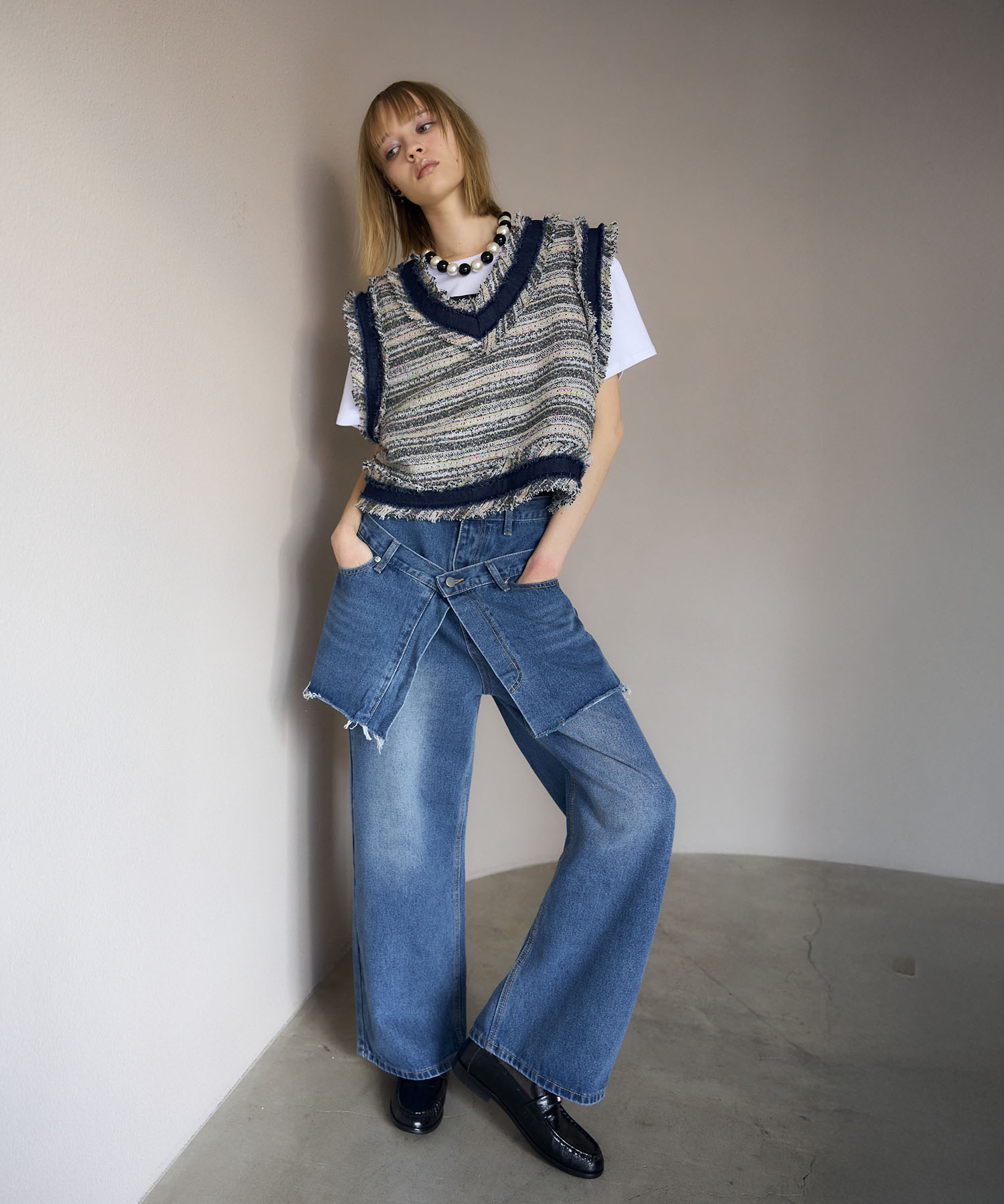 デニムトリムツィードベスト