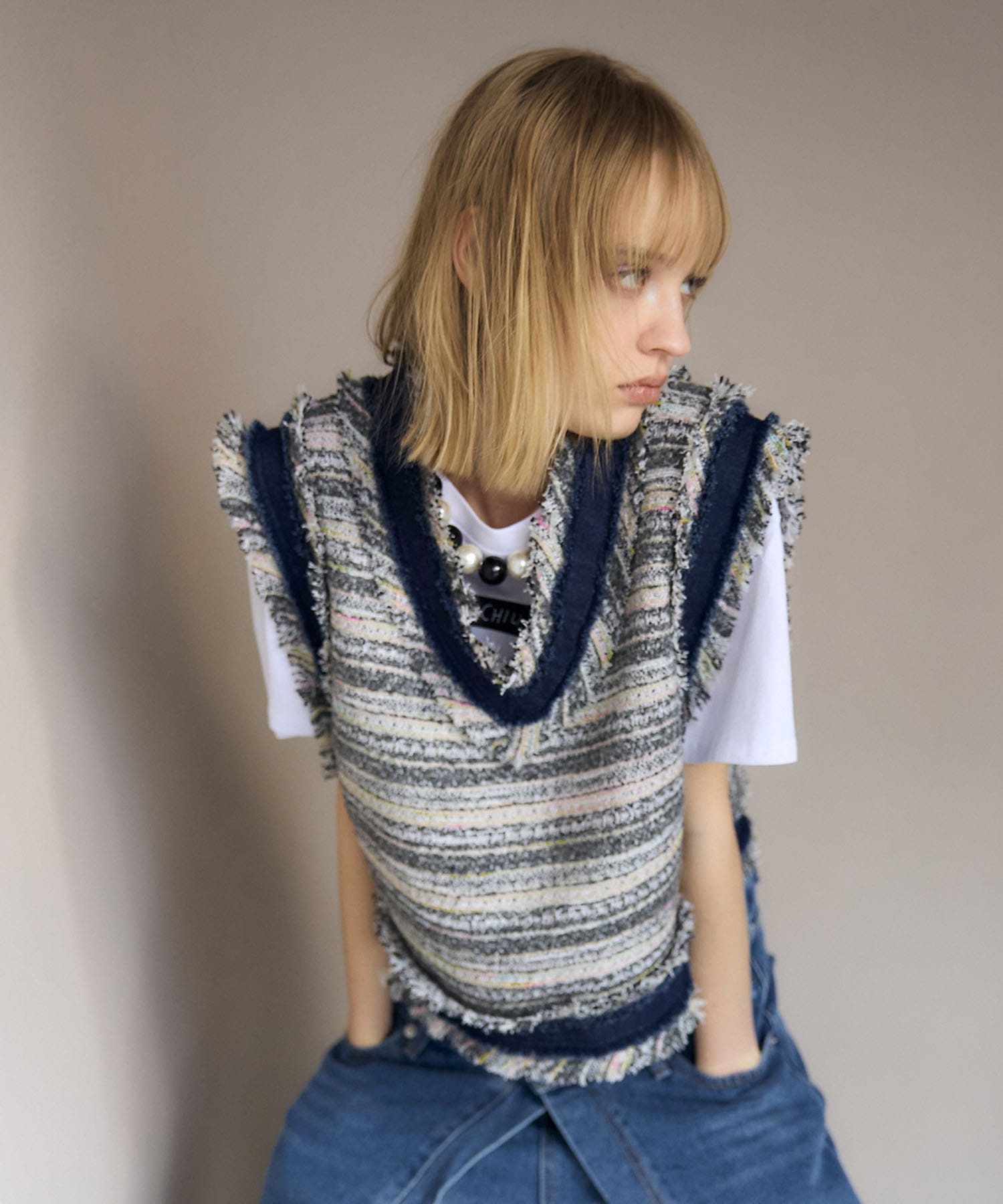 デニムトリムツィードベスト